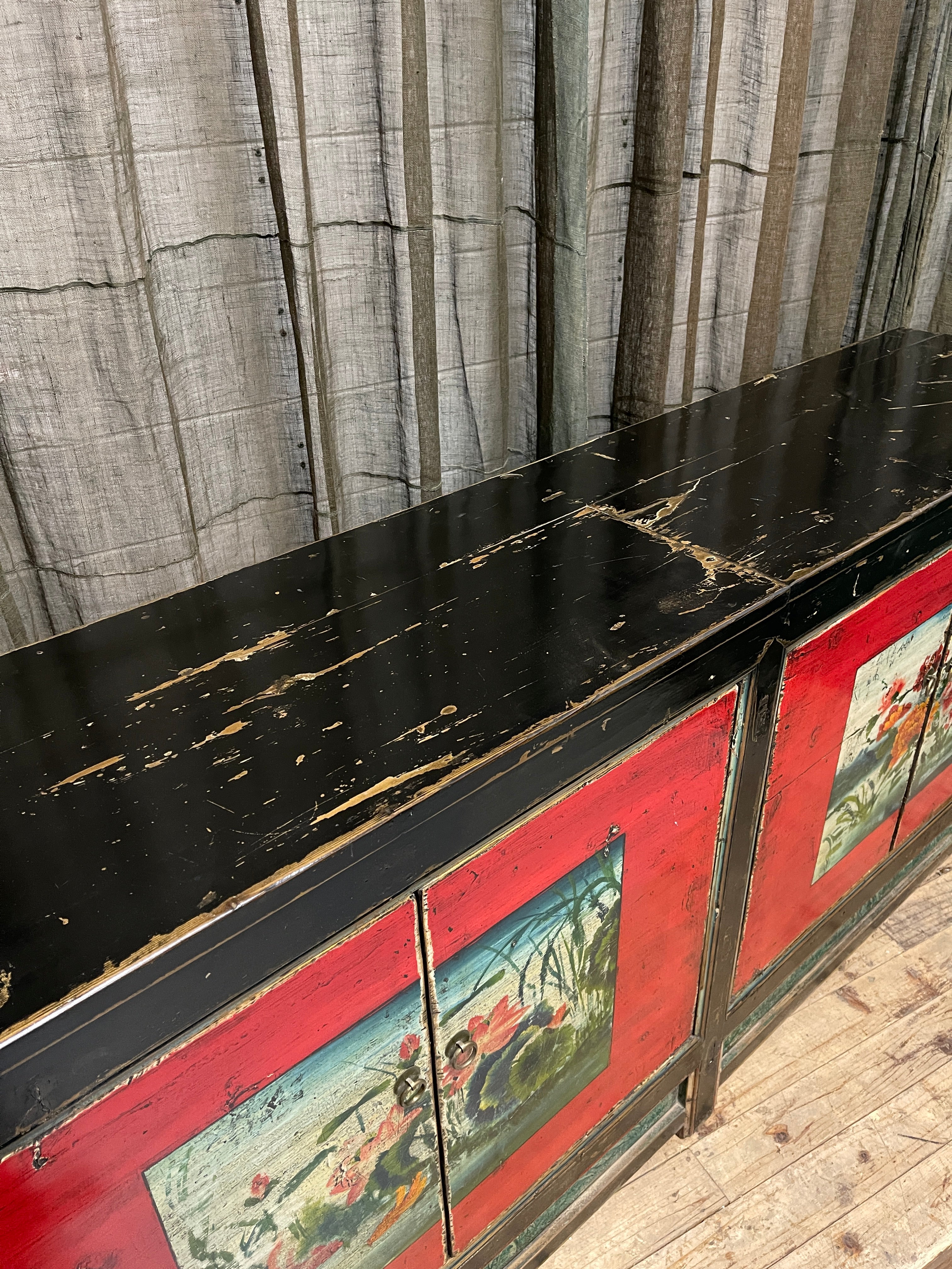 Antique Chinese Sideboard, Original Painted Finish, Floral & Lotus Panels