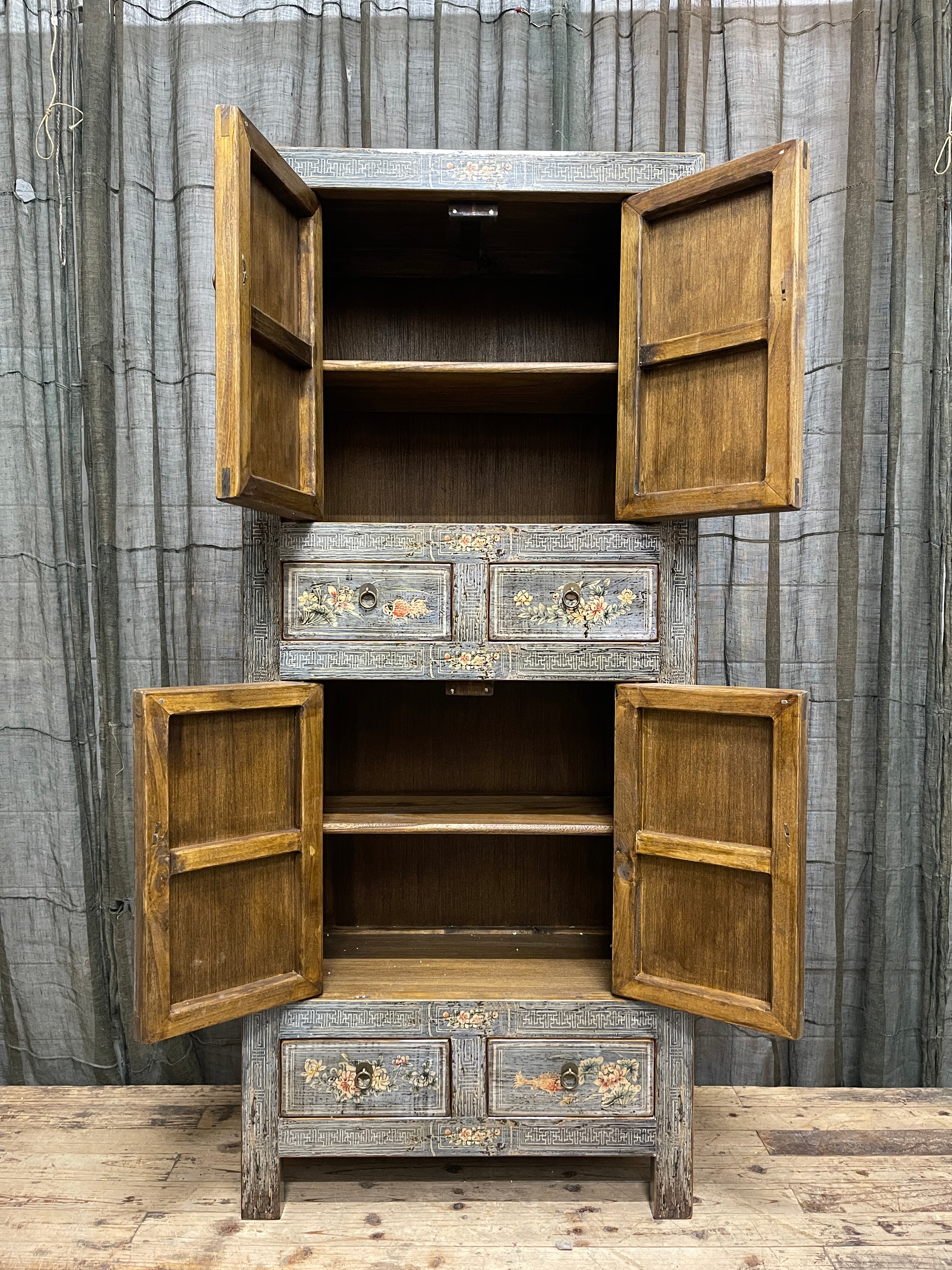 Chinese Grey Lacquered Storage Cabinet, Floral Panels