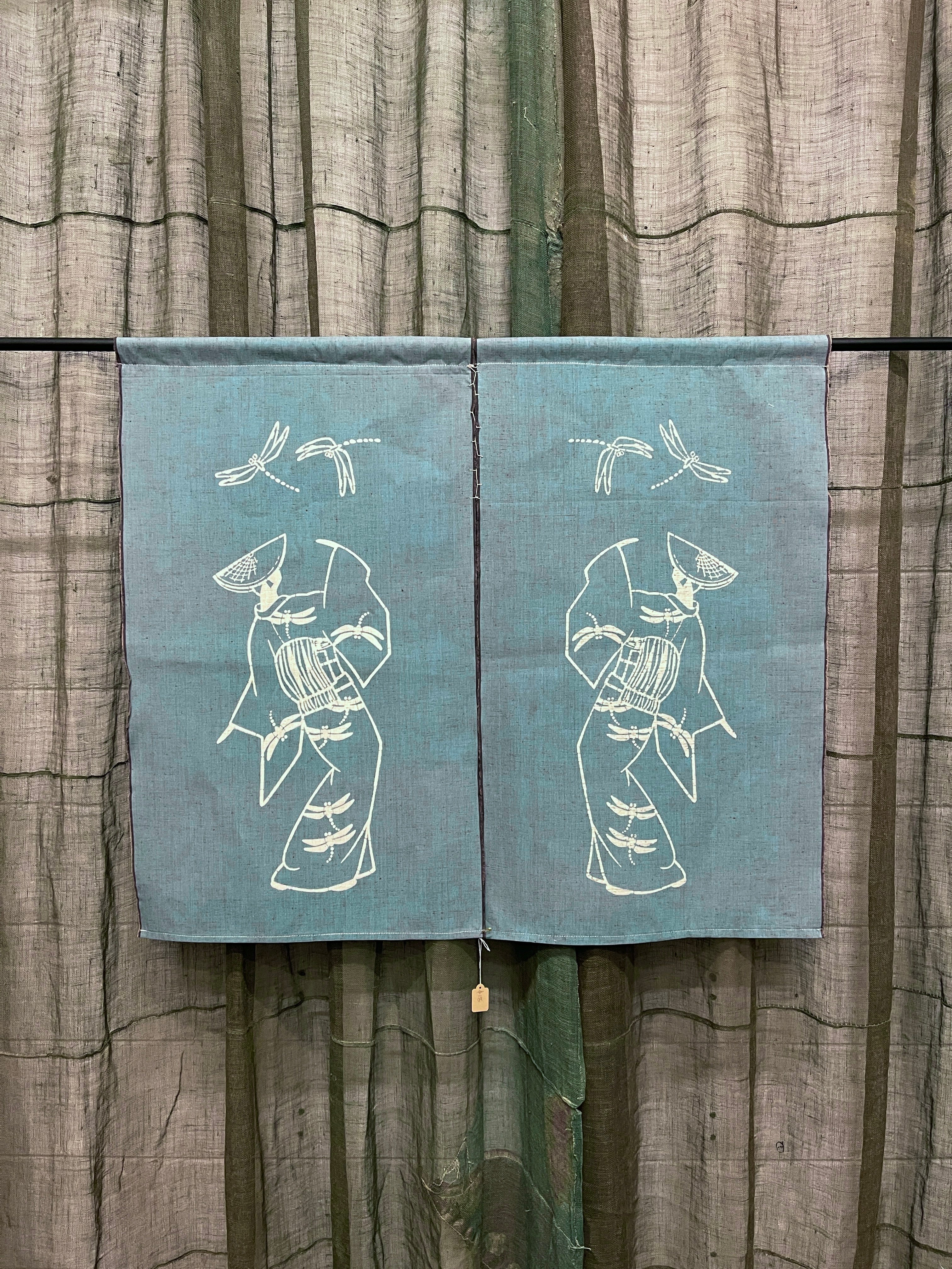 Vintage Japanese Noren - Cotton | Kimono Figure & Dragonfly Motif