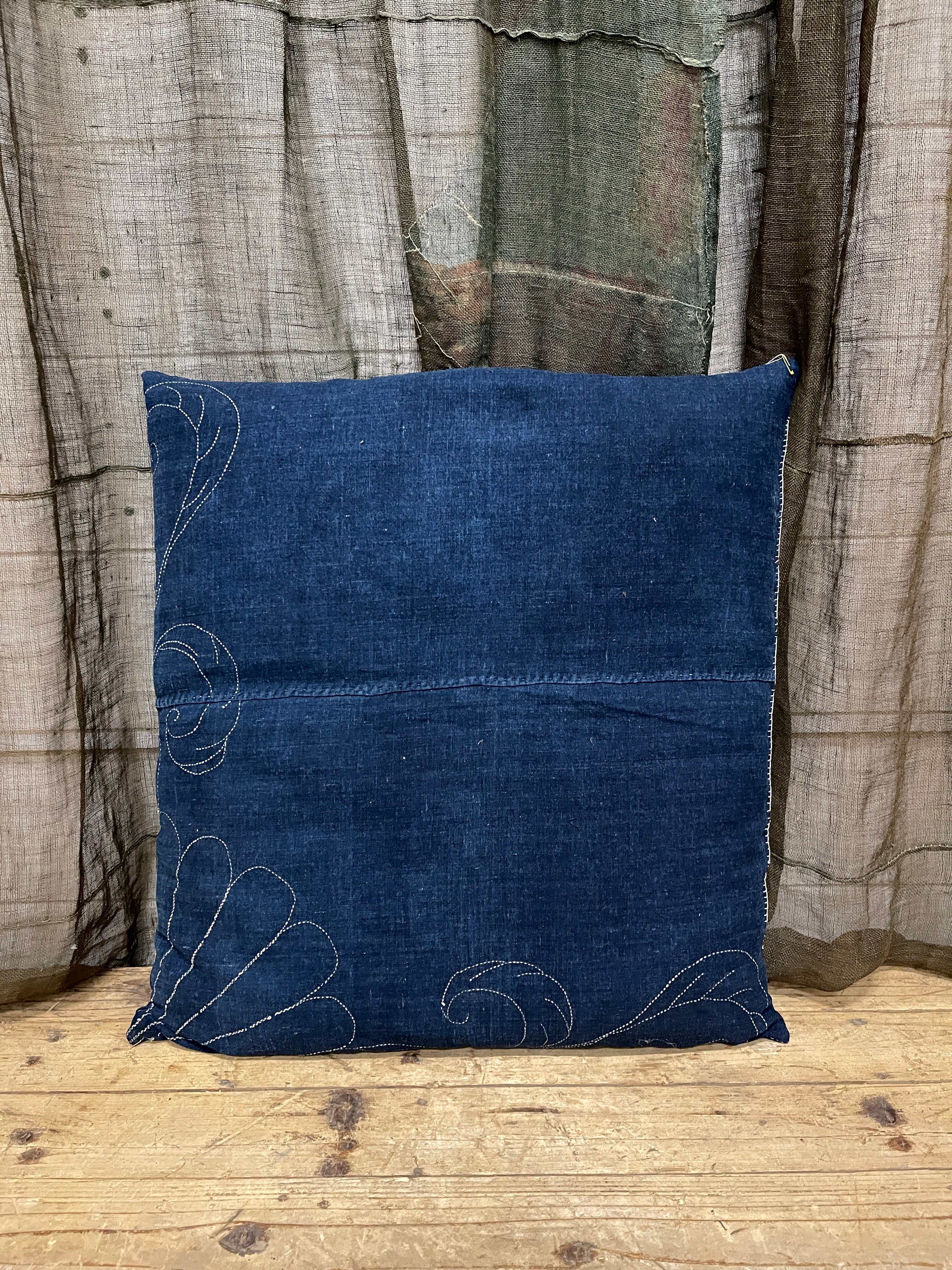 Japanese Floor Cushions Covered with Boro Indigo Cotton