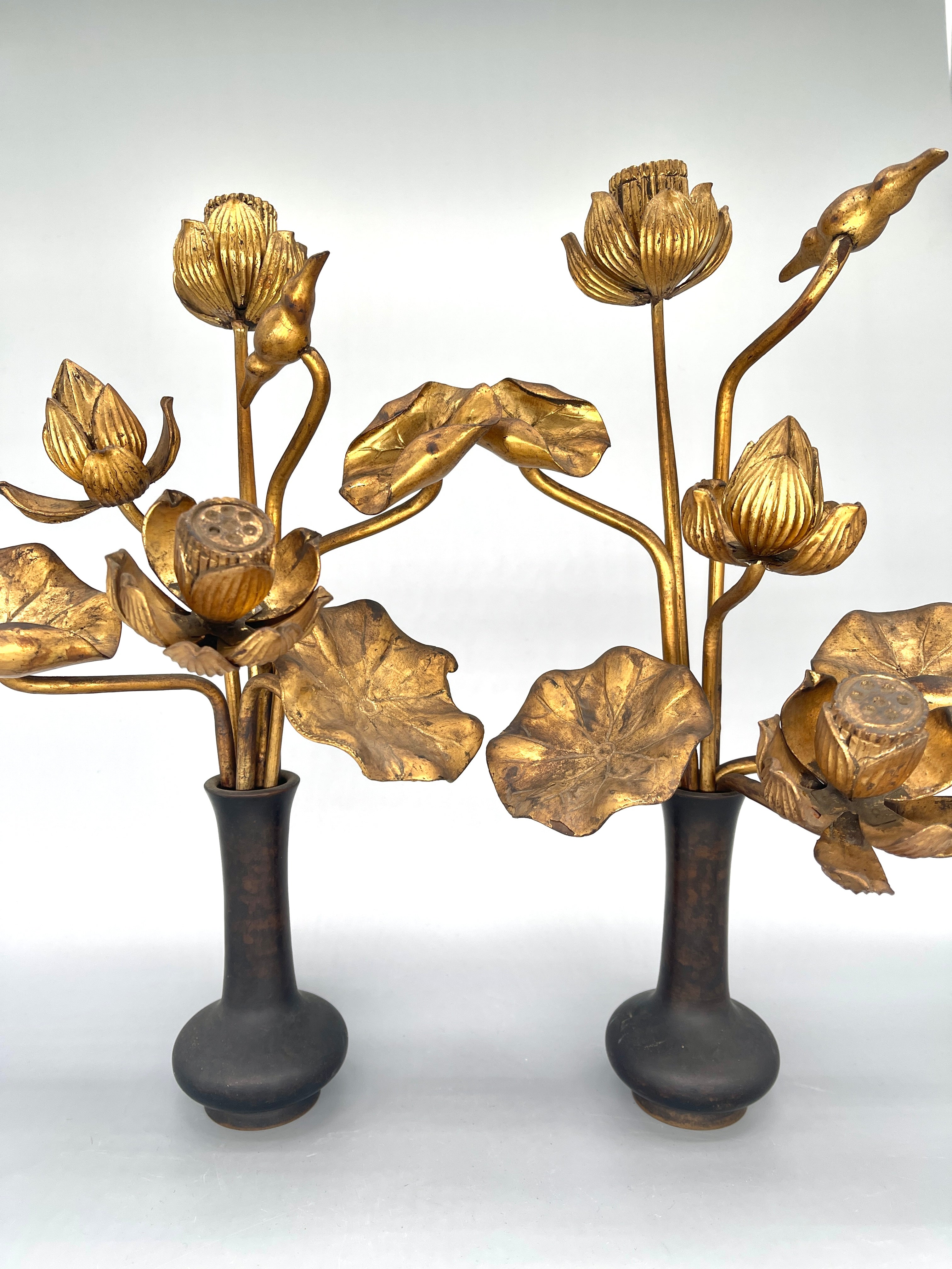 Antique Pair Of Japanese Gilded Lotus Flowers (JYOKA)