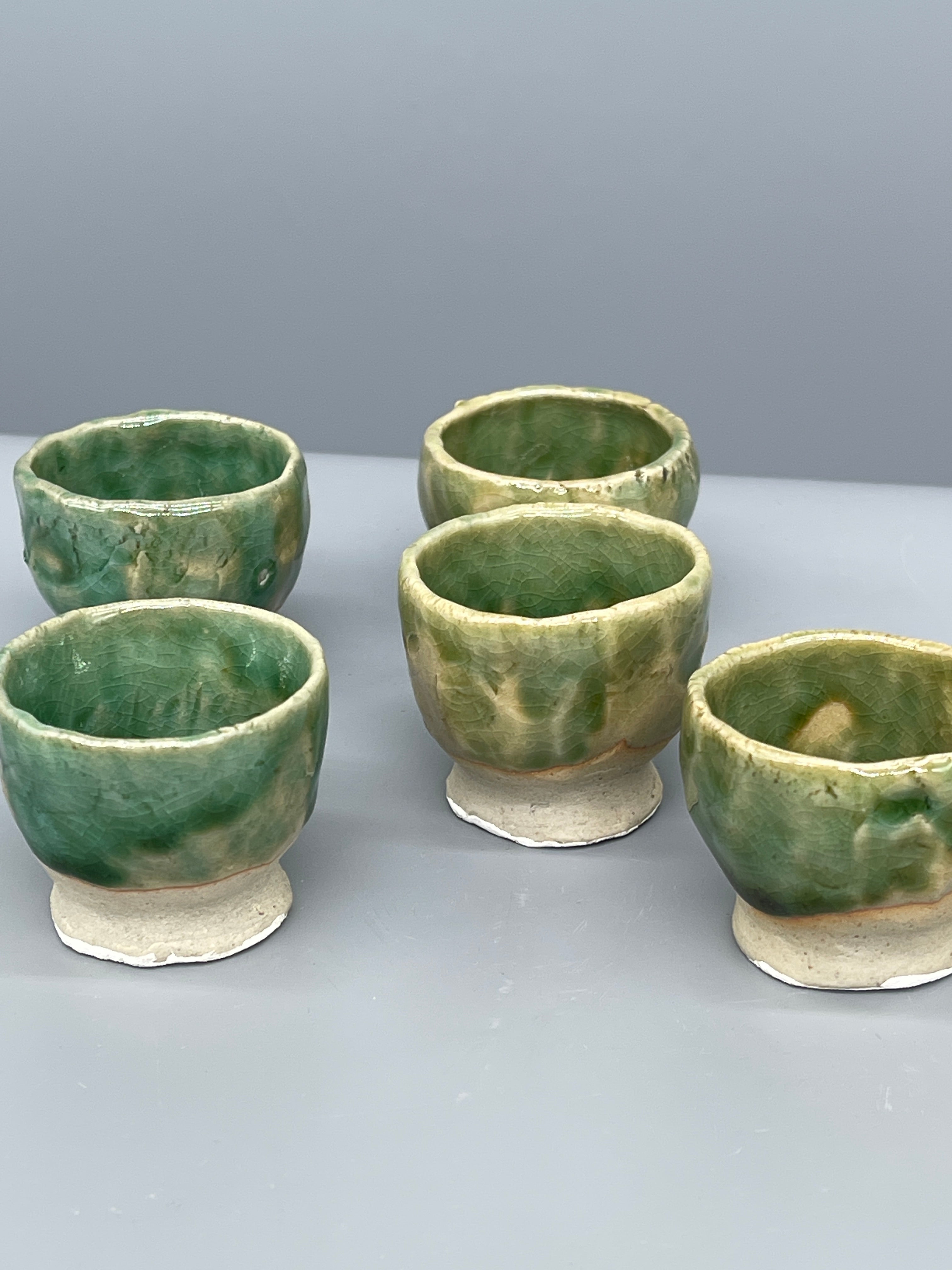 Vintage Set of Five Sake Cups, Glossy Green Glaze