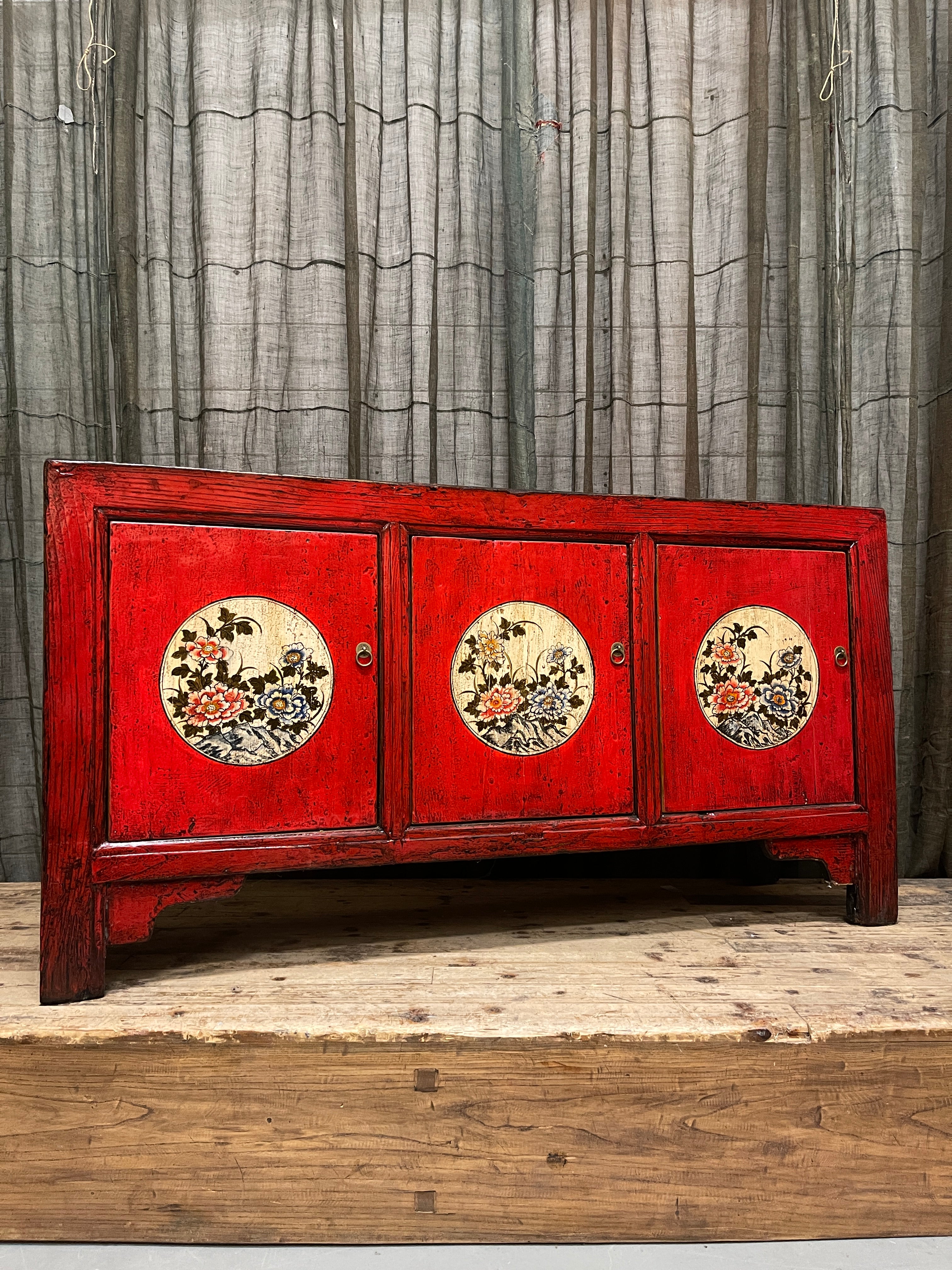Chinese Red Lacquered Sideboard, Floral Medallion, Gansu Province