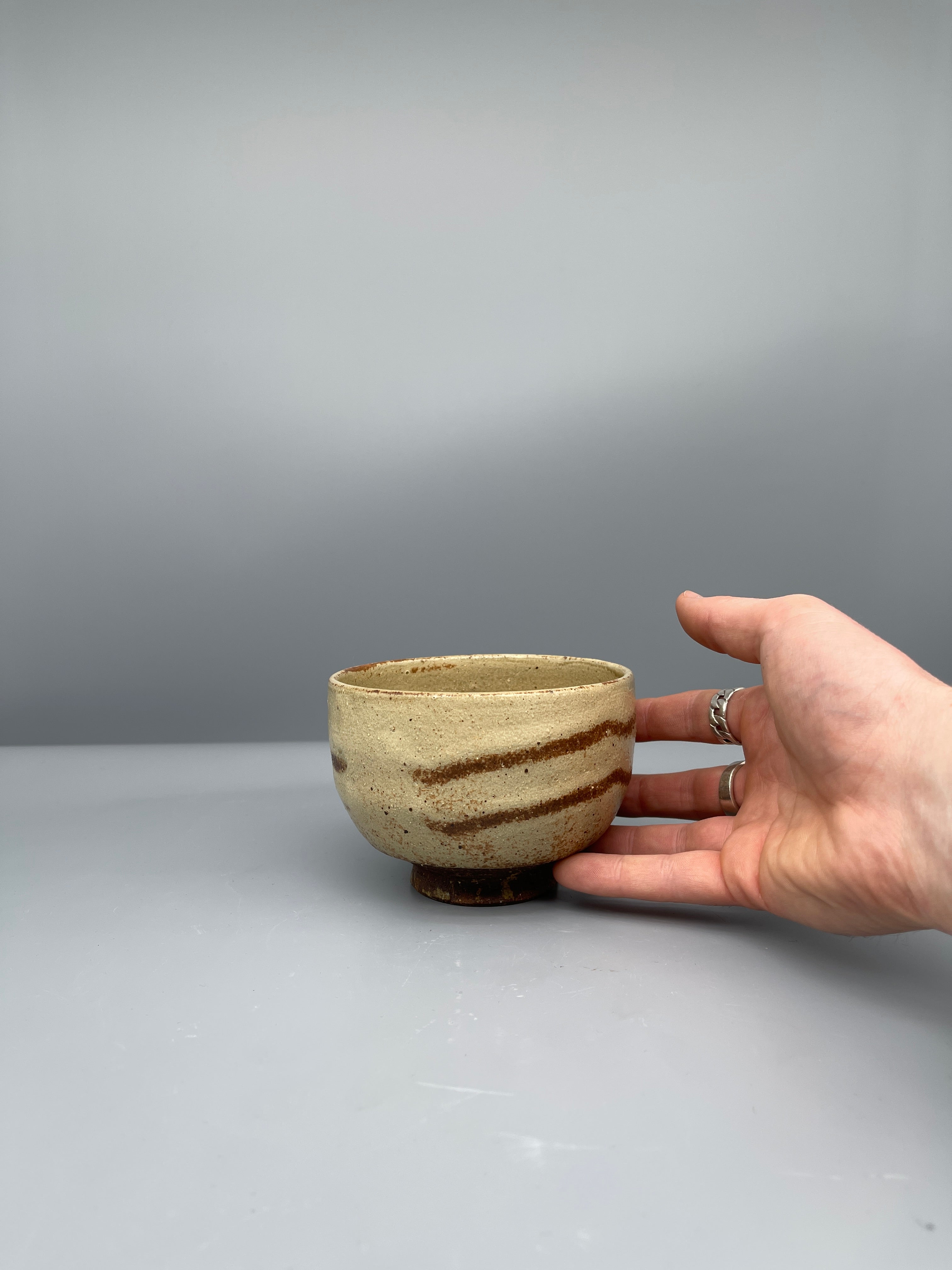 Vintage Japanese Chawan Tea Bowl - Stoneware, Ash Glaze Striping