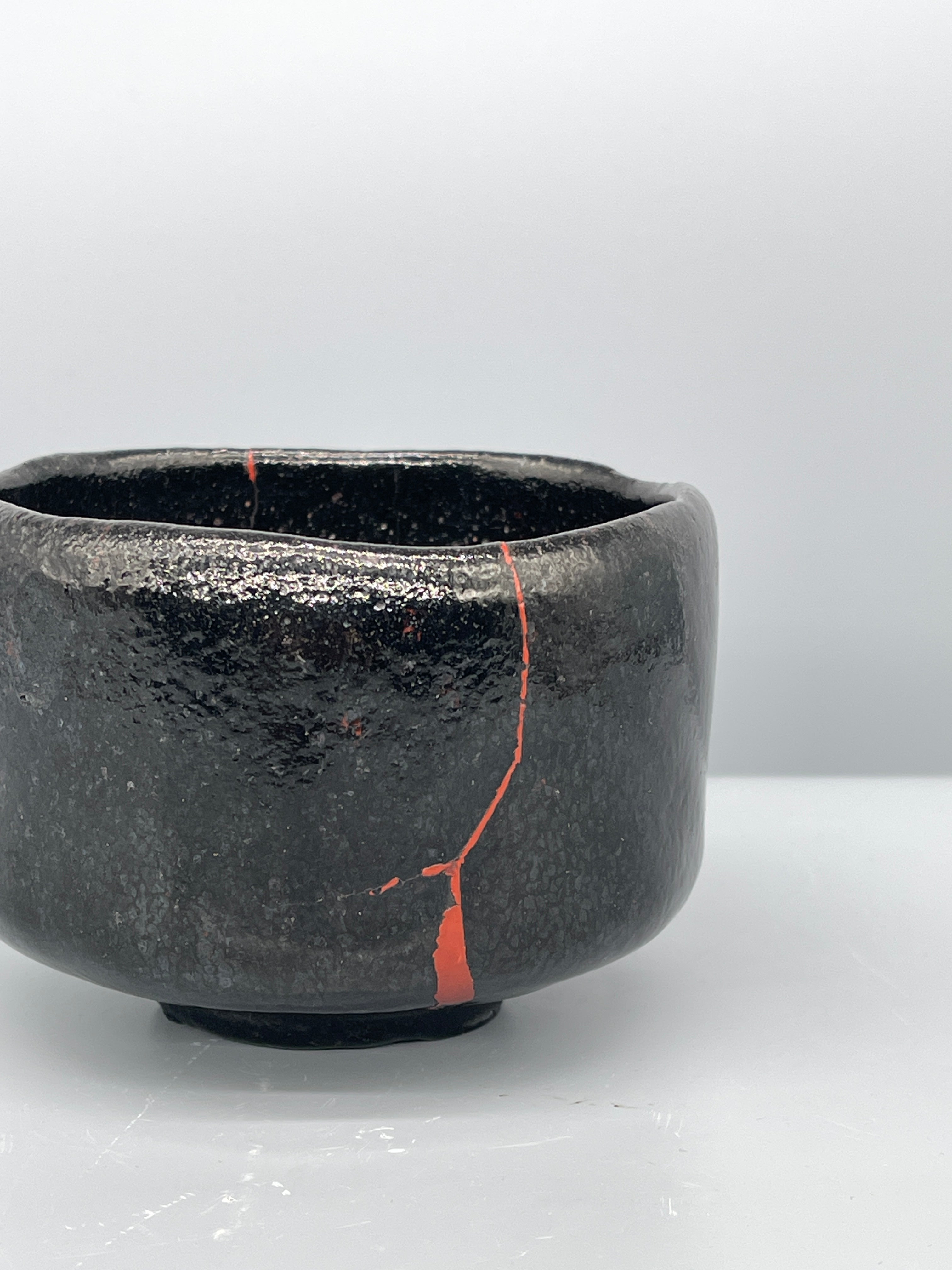 Vintage Japanese Kuro Raku Chawan, Lacquer Repair