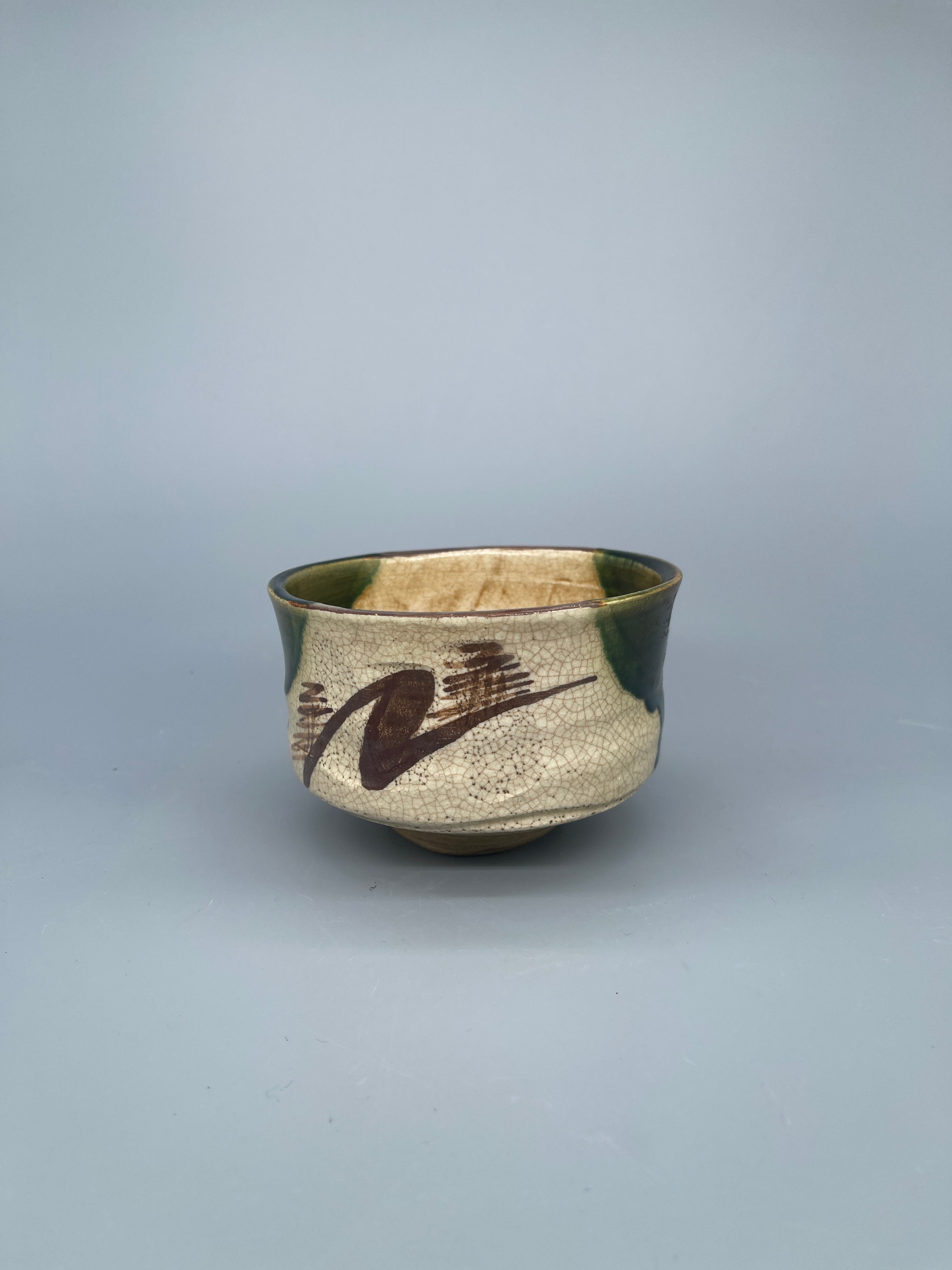 Vintage Japanese Matcha Bowl, Chawan - Green, White Oribe Glaze