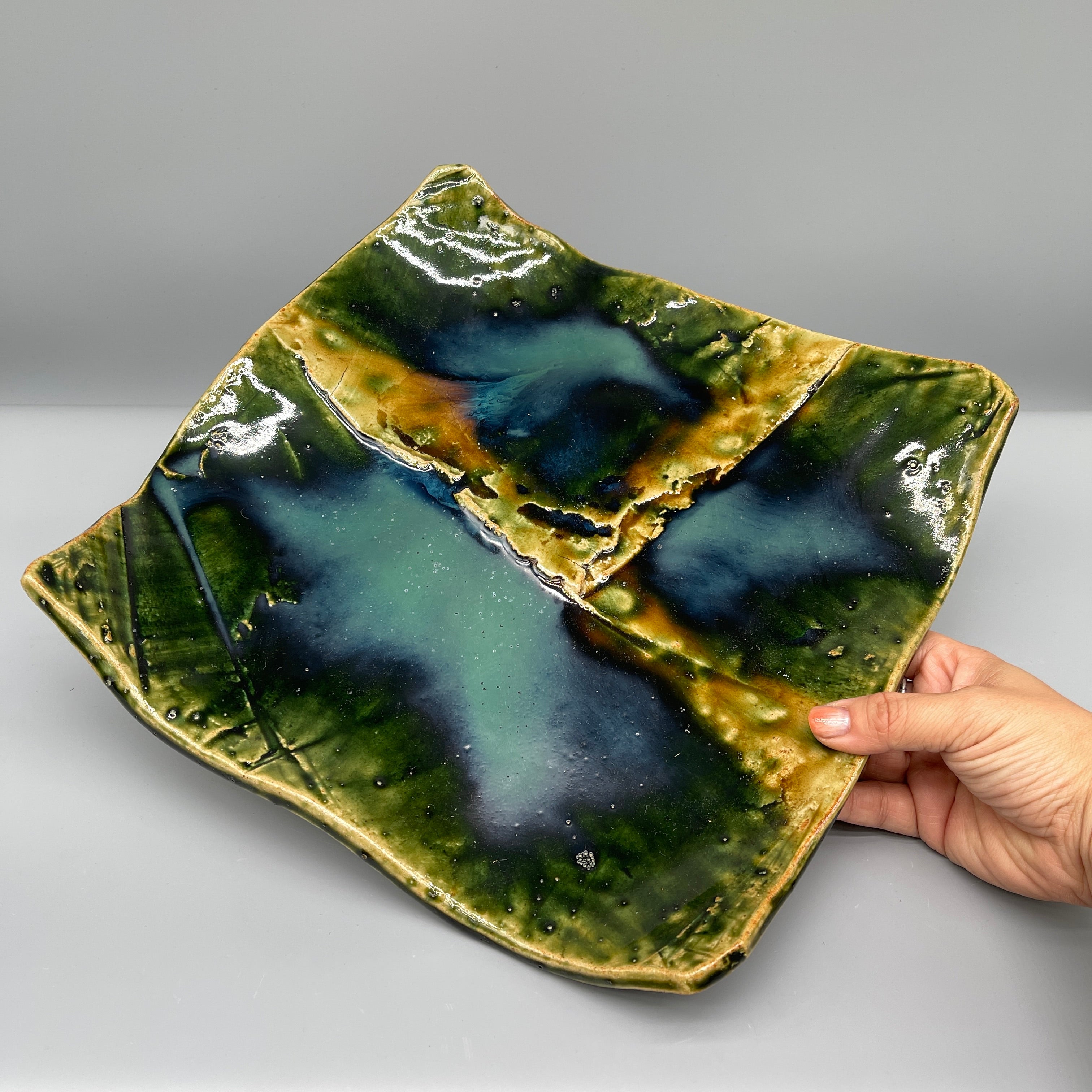 Vintage Japanese Ceramic Plate, Oribe Glaze