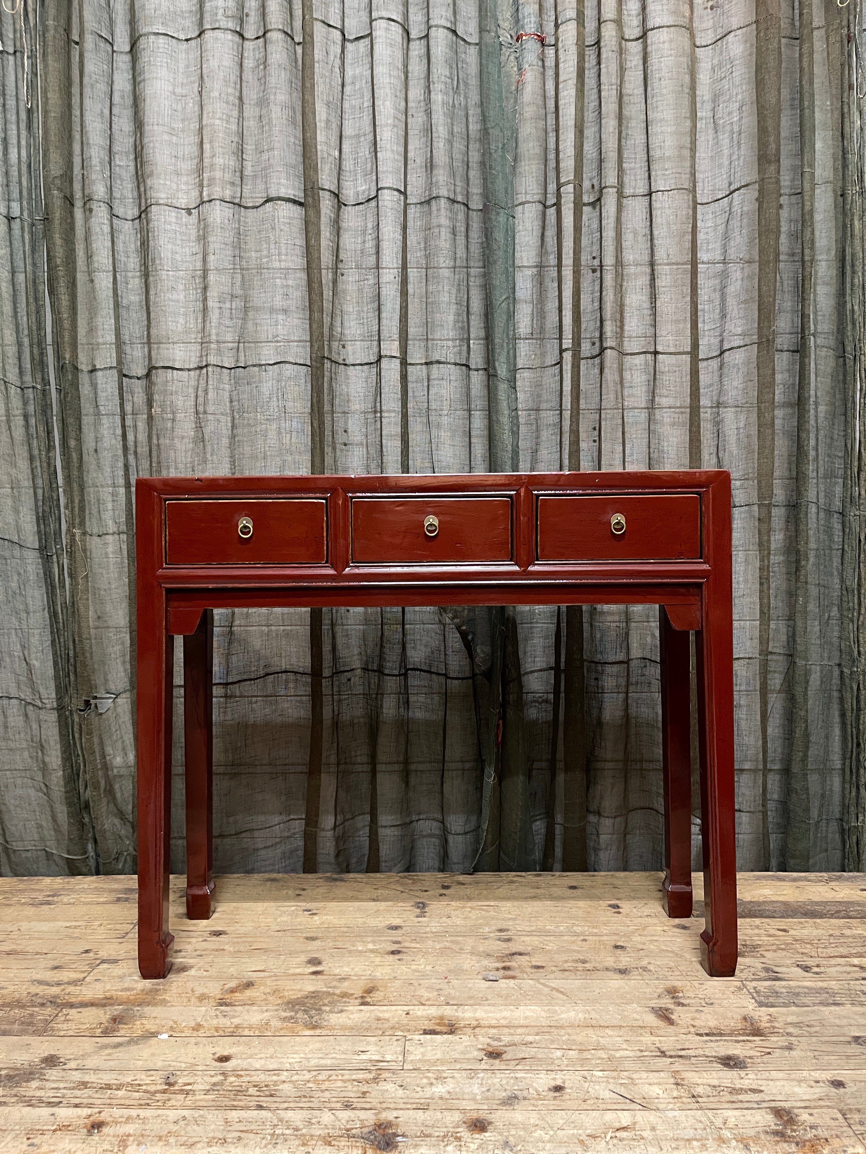 Chinese Red Lacquered Hall Table, 3 Drawer
