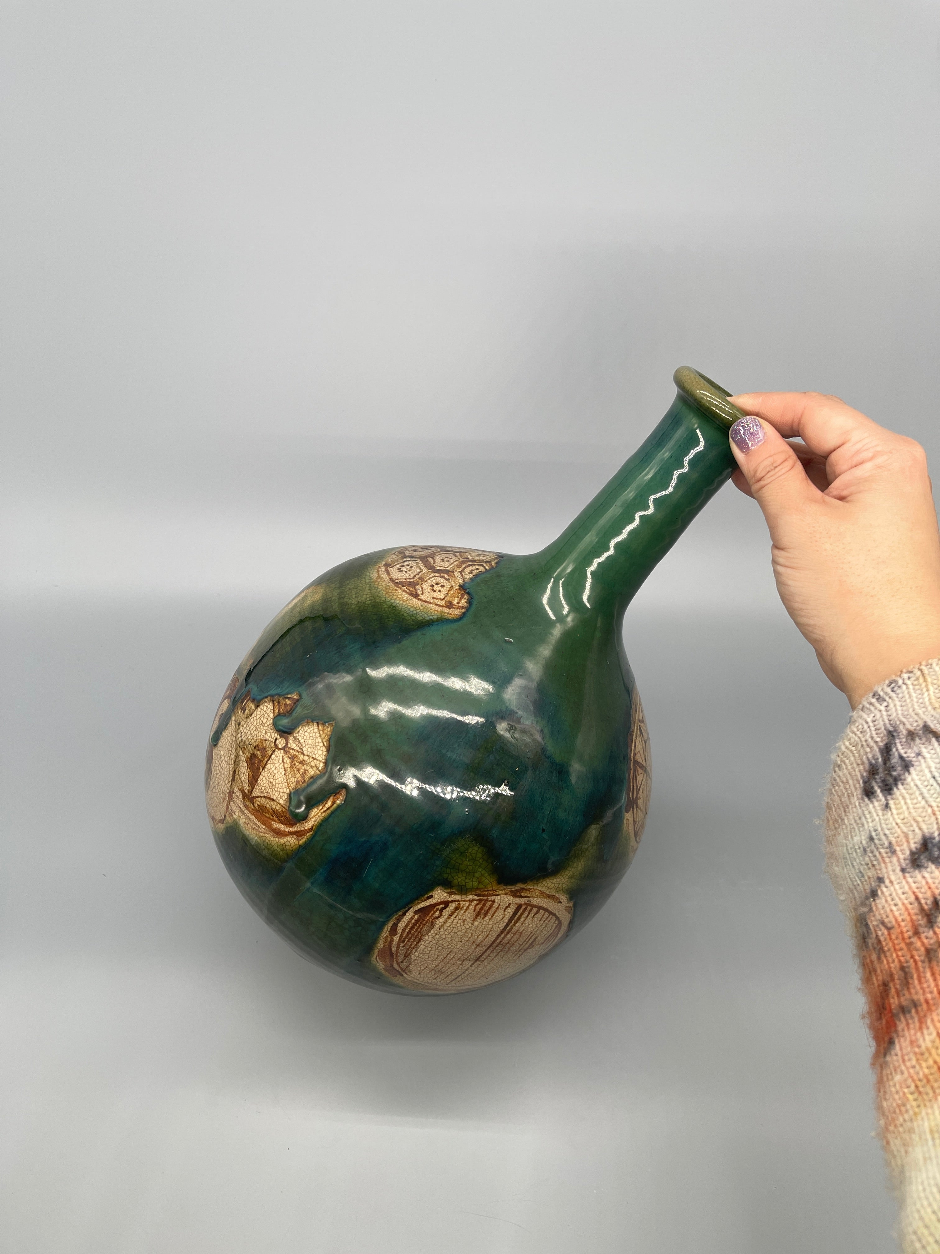 Vintage Japanese ORIBE Vase - Green & Blue Glaze