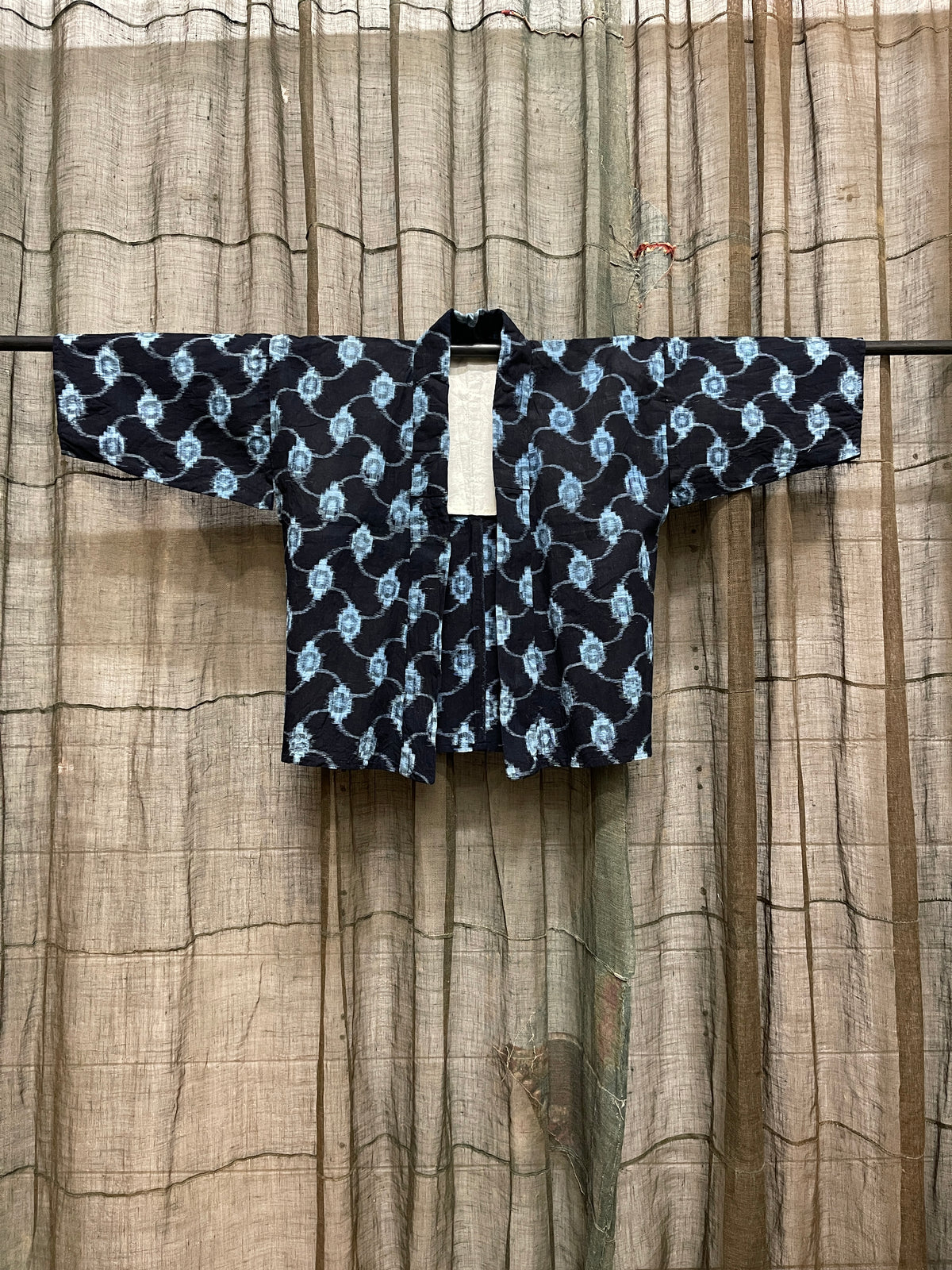 Vintage Japanese Cotton Kasuri Haori, Geometric Wave Pattern