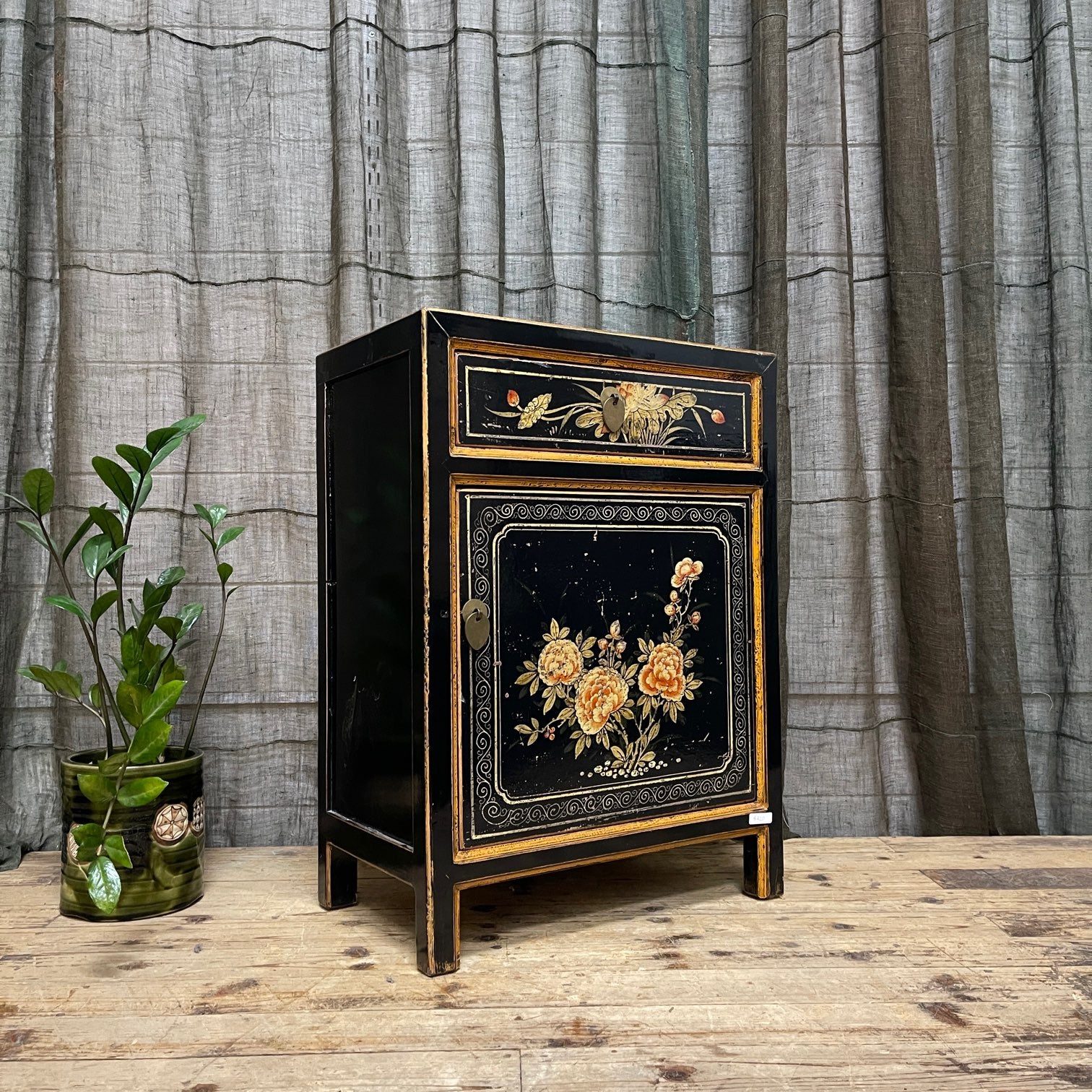 Provincial Style Chinese Black Lacquered Side Cabinet