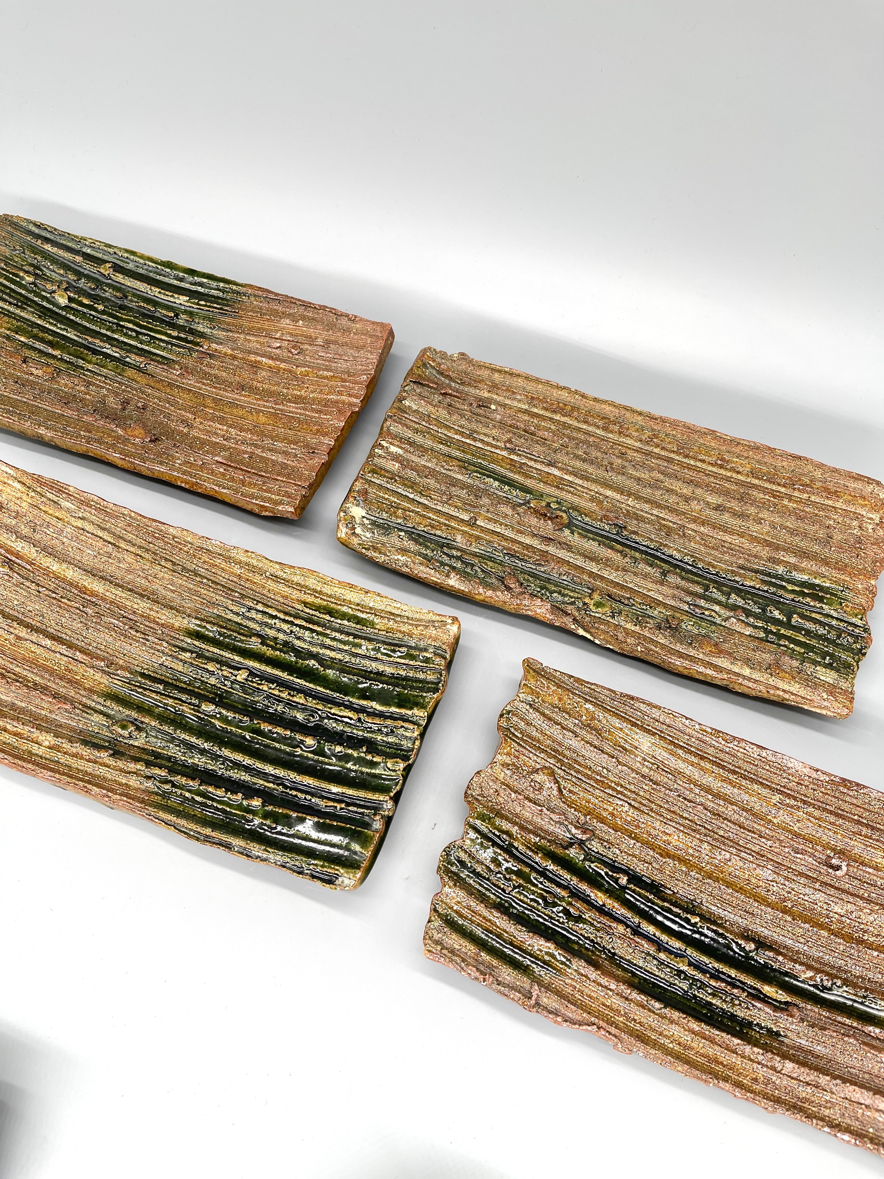 Set Of 5 Japanese Rectangular Serving Plate, Deep Green Glaze