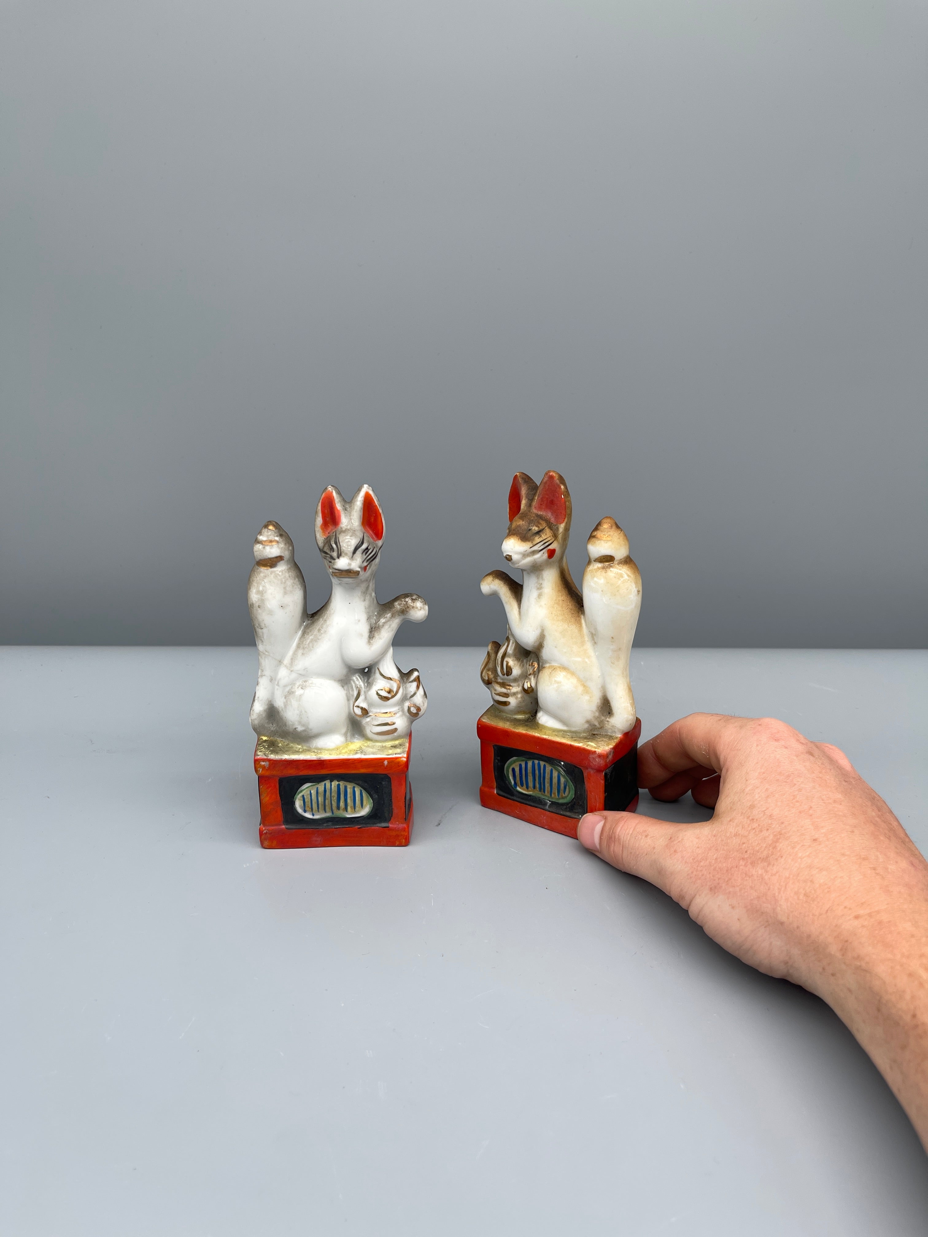 Pair of Vintage Japanese Porcelain Kitsune Statues