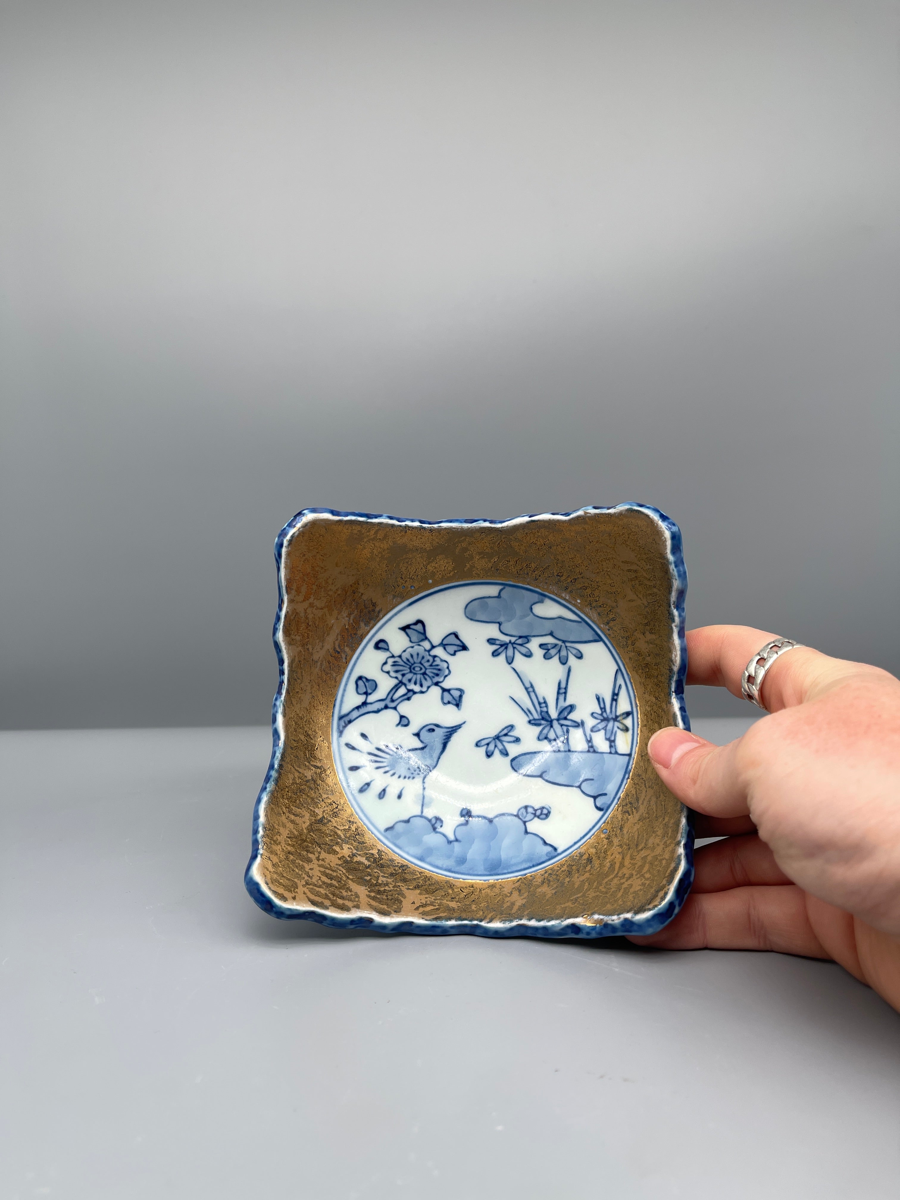 Small Japanese Side Dish Plate, Blue, White, and Gold.