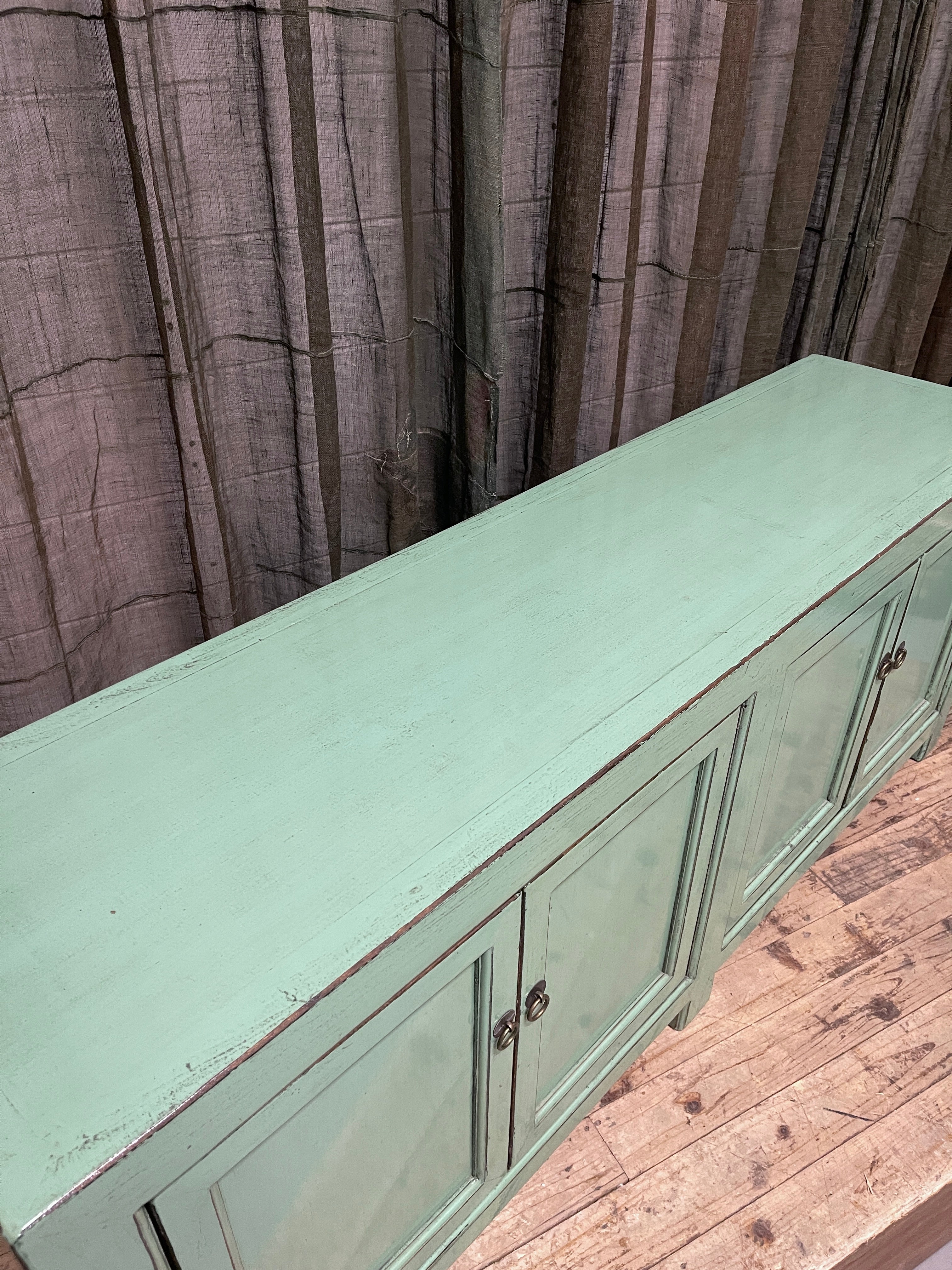 Chinese Sage Green Lacquered Low Sideboard, 4 Door