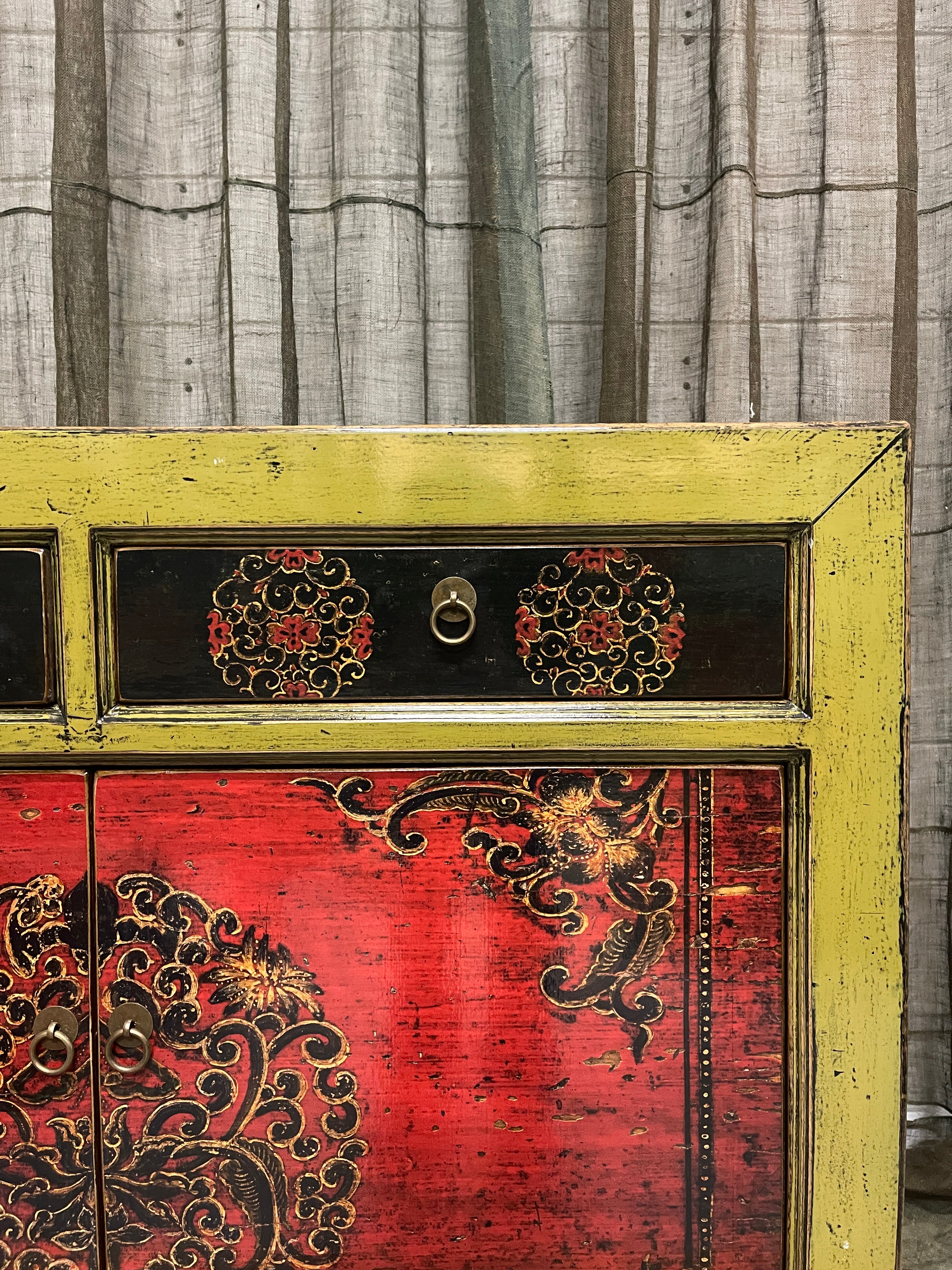 Chinese Green & Red Lacquered Cabinet, Floral Medallion