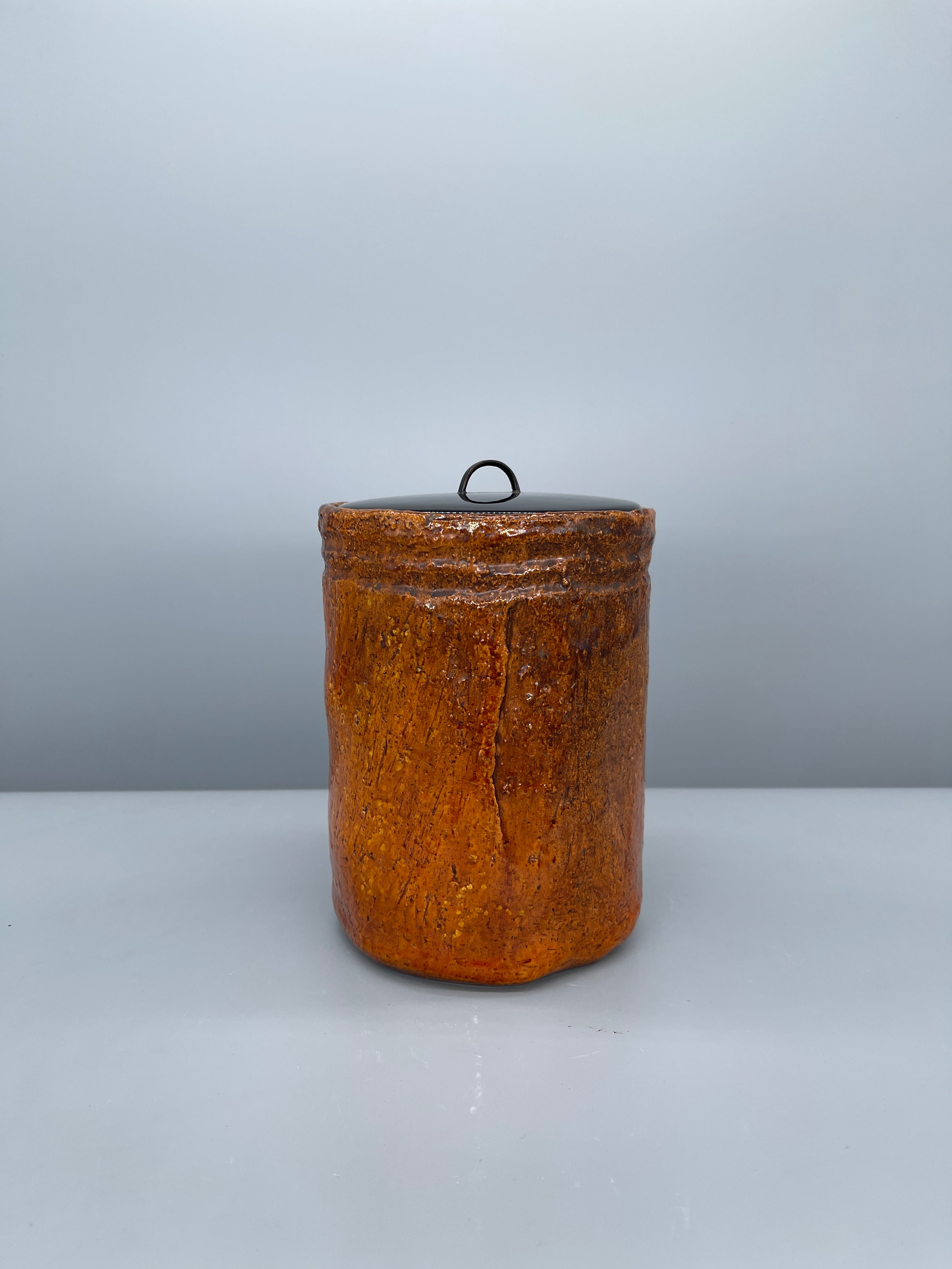 Vintage Japanese Ohi-Yaki Stoneware Lidded Jar, Orange Glaze - Mizusashi