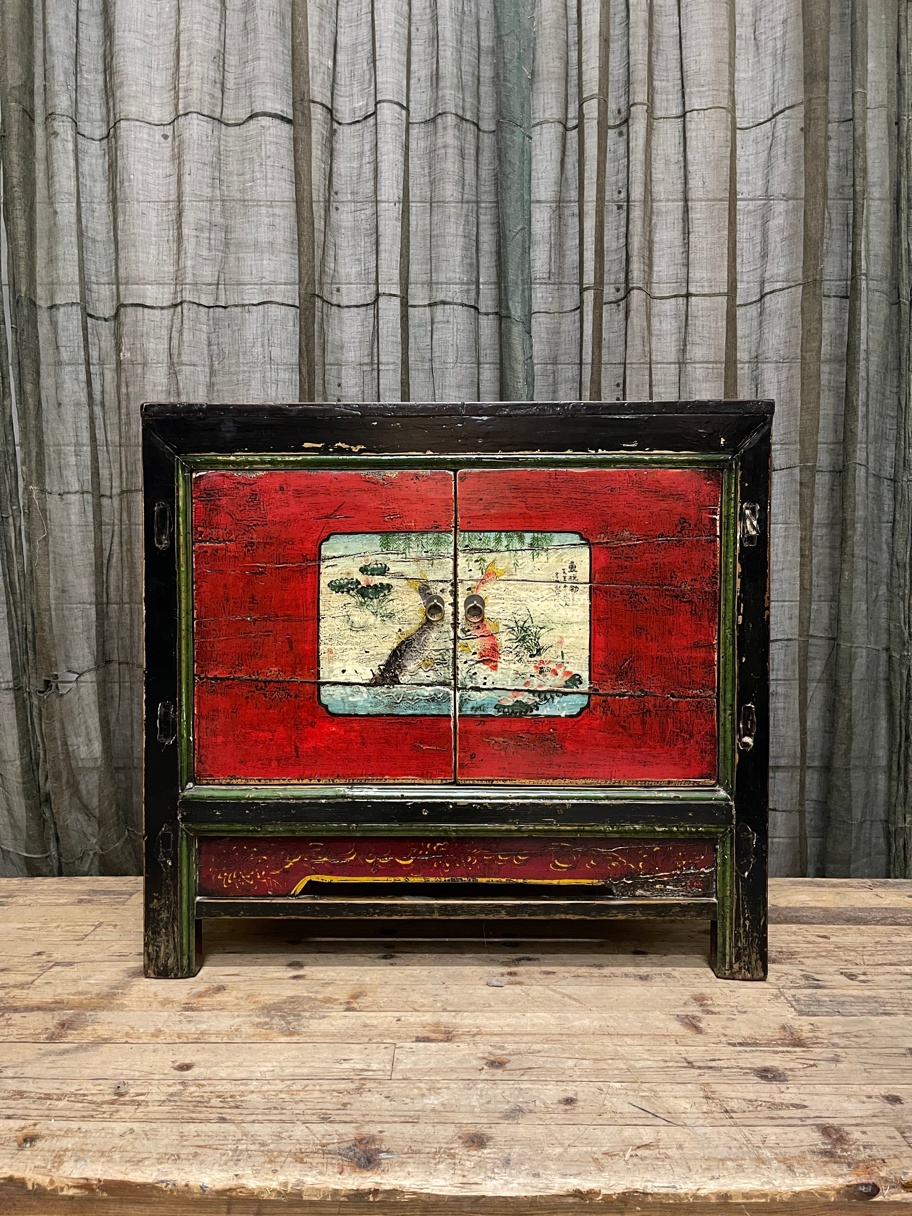 Antique Chinese Cabinet, Original Painted Finish, Koi & Floral Panel