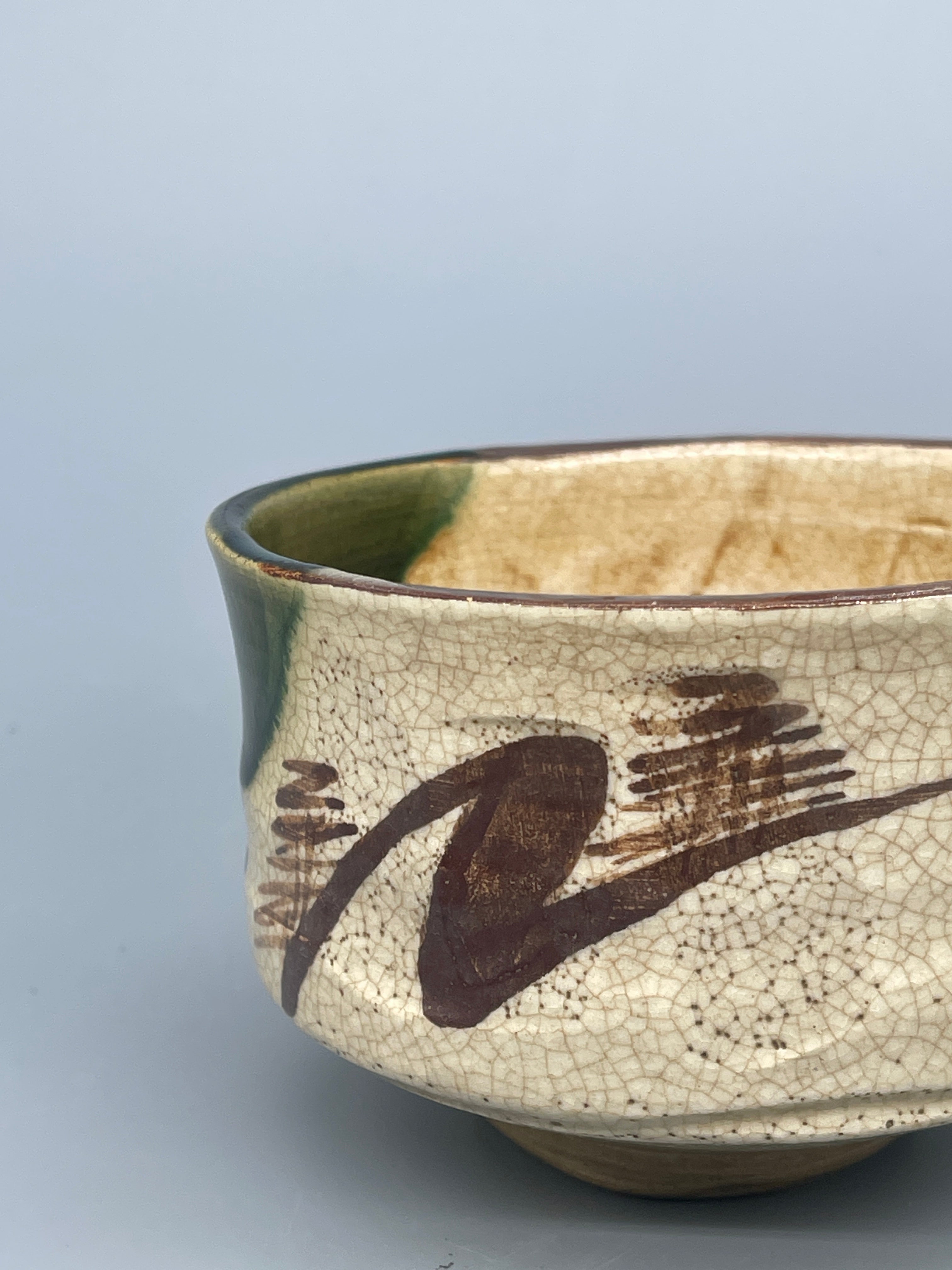 Vintage Japanese Matcha Bowl, Chawan - Green, White Oribe Glaze