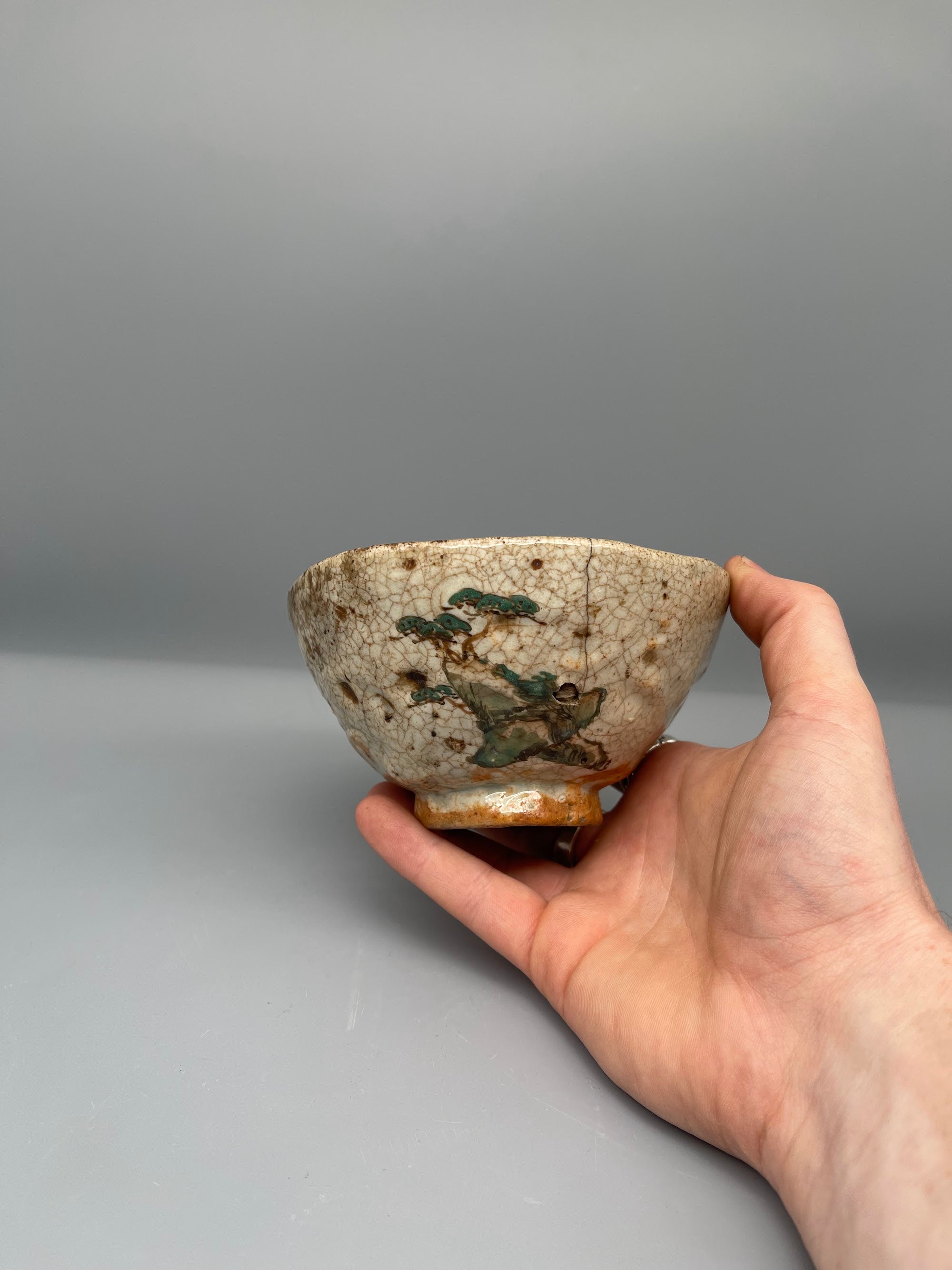 Vintage Japanese Matcha Bowl, Chawan - Crackled Glaze with Pine