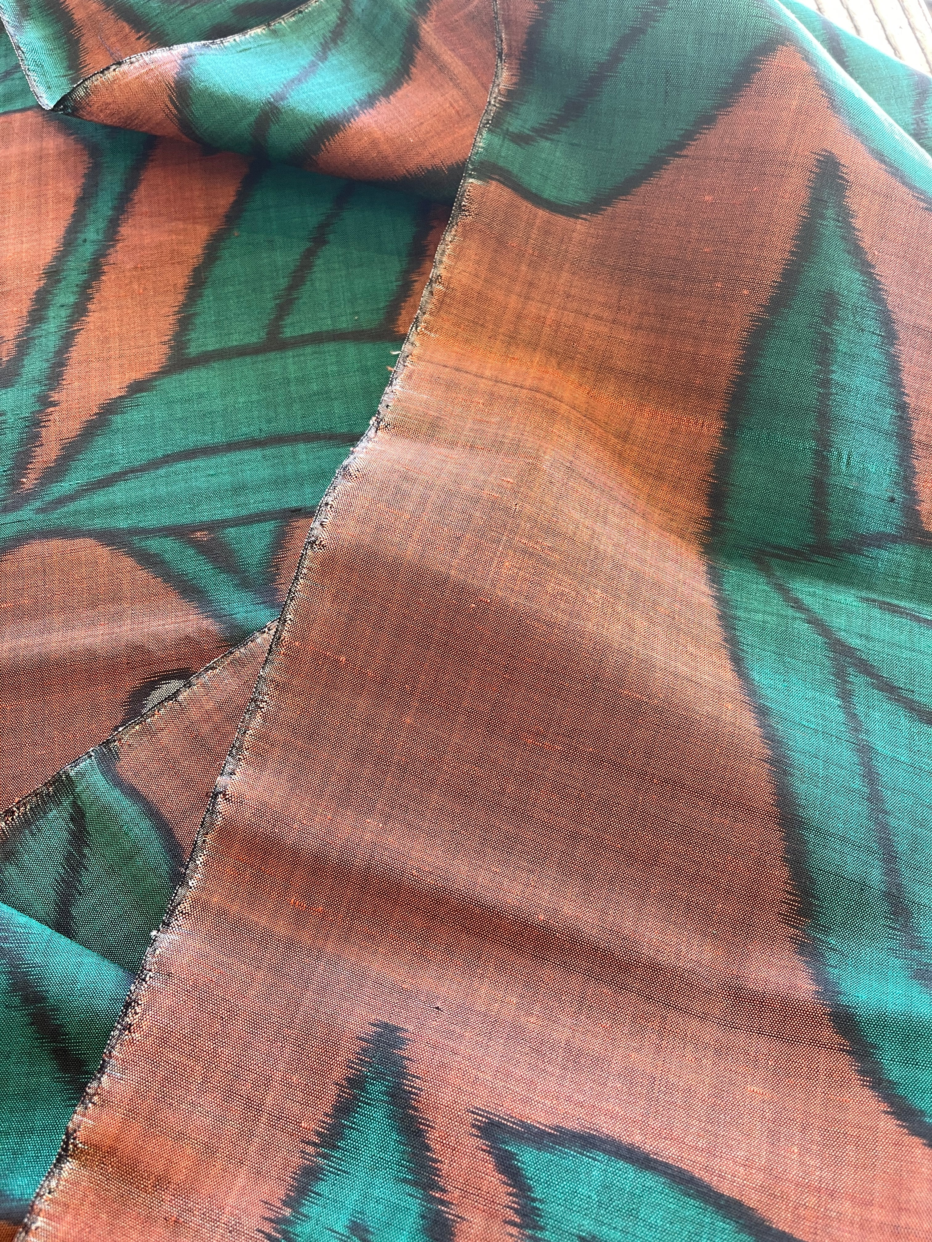 Japanese Meisen Silk Fabric, Terracotta with a Leafy Green Pattern