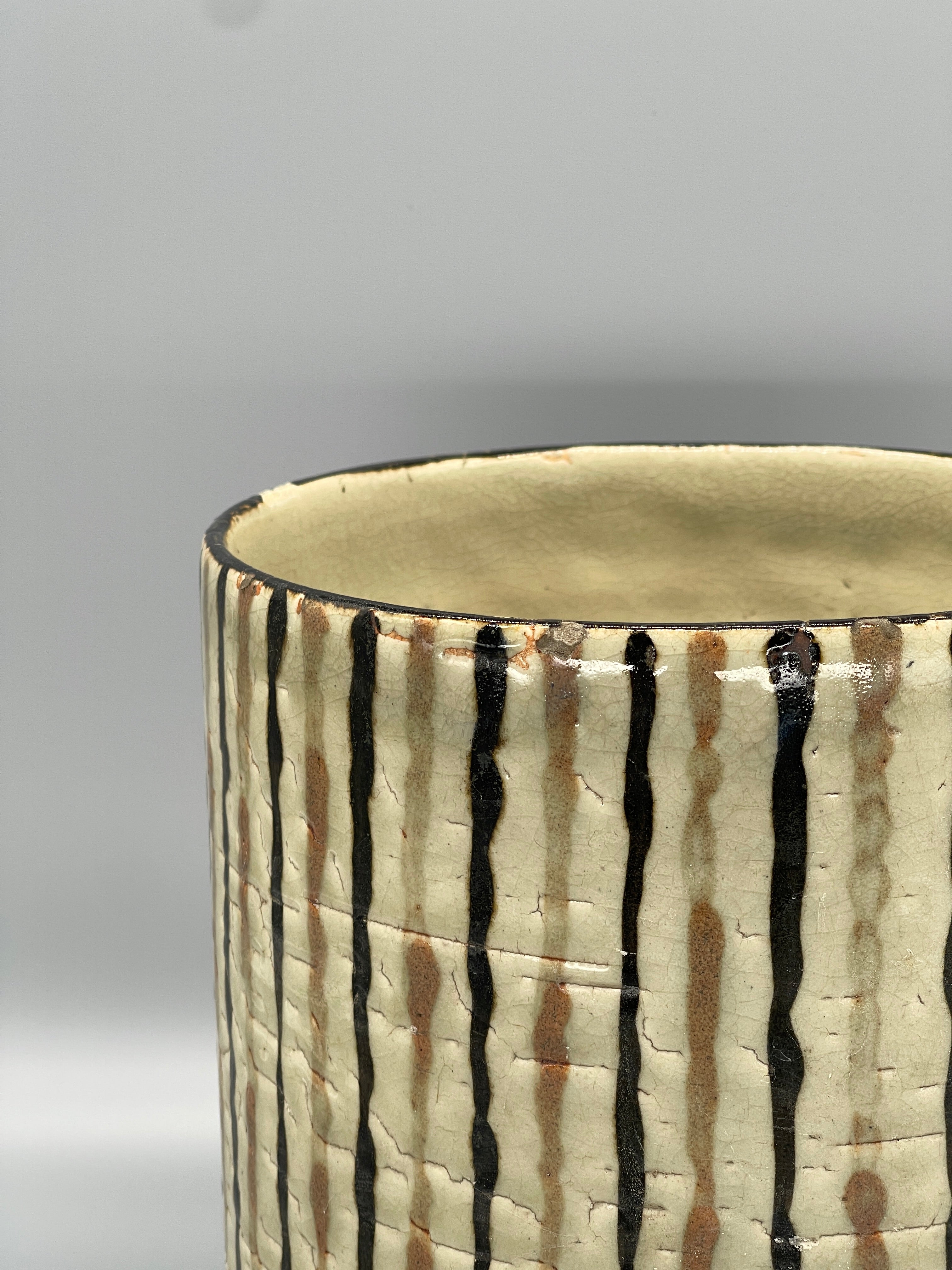 Vintage Japanese Pottery Hibachi Brazier - White with Black & Orange Lines