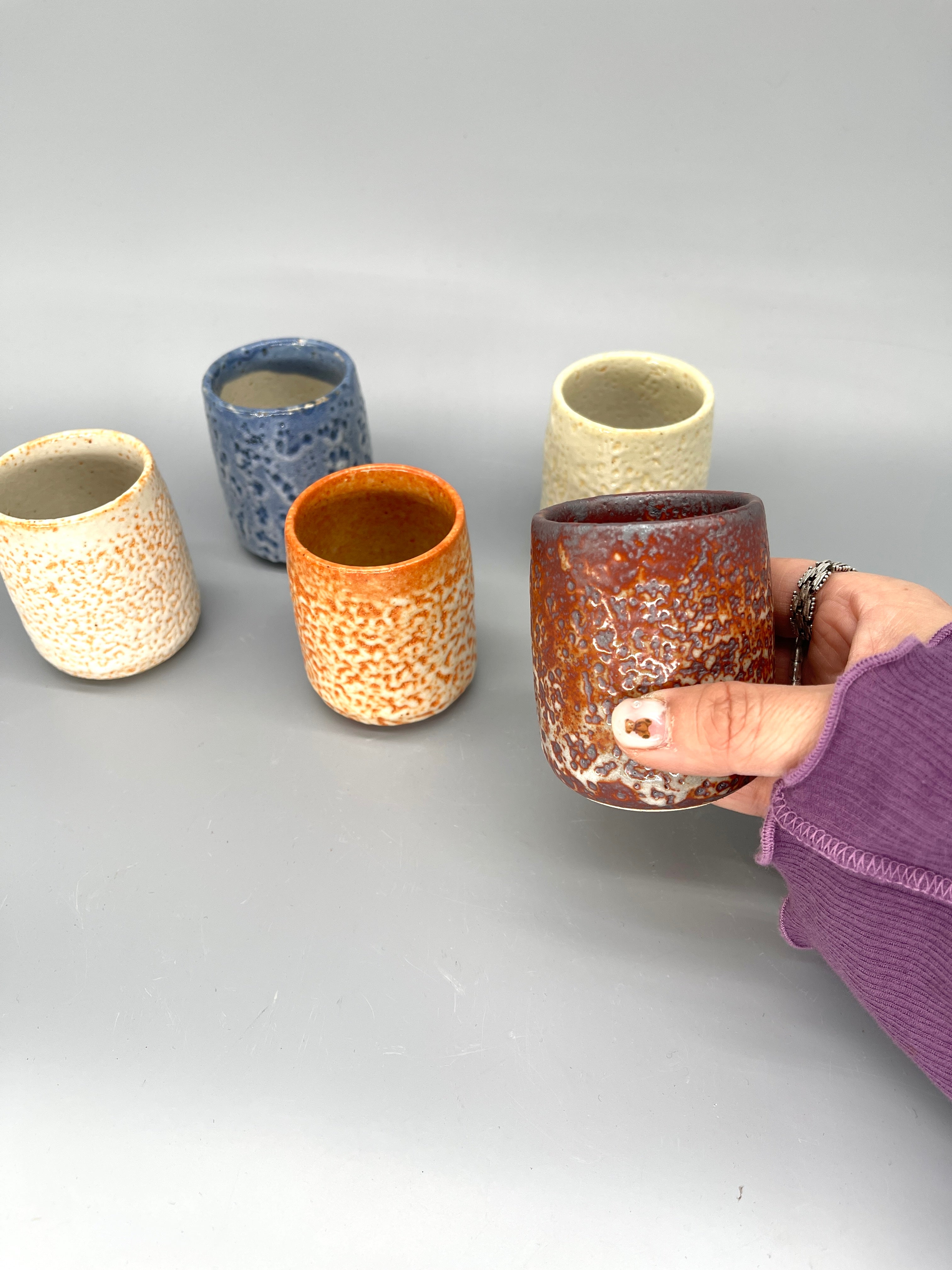 Set Of 5 Japanese Sake Cups - Shino Glaze