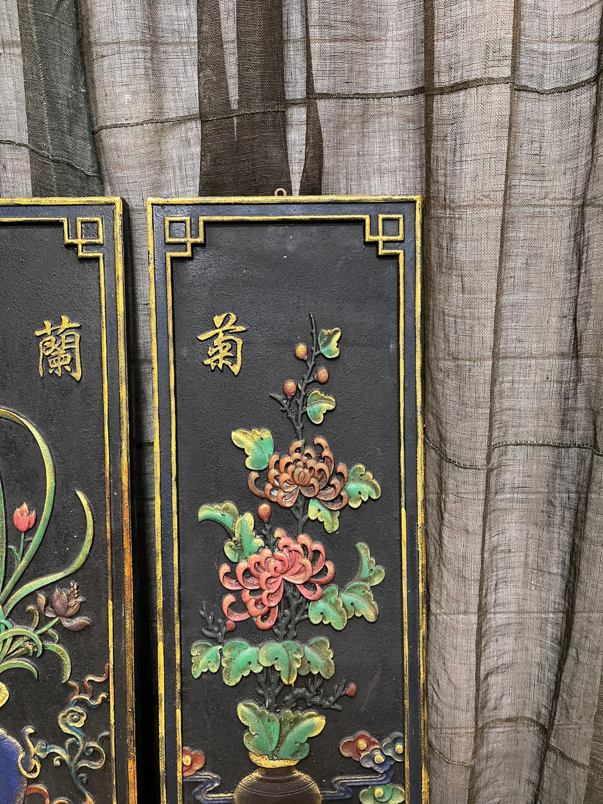 Chinese Black Painted Relief Panels, Set of Four