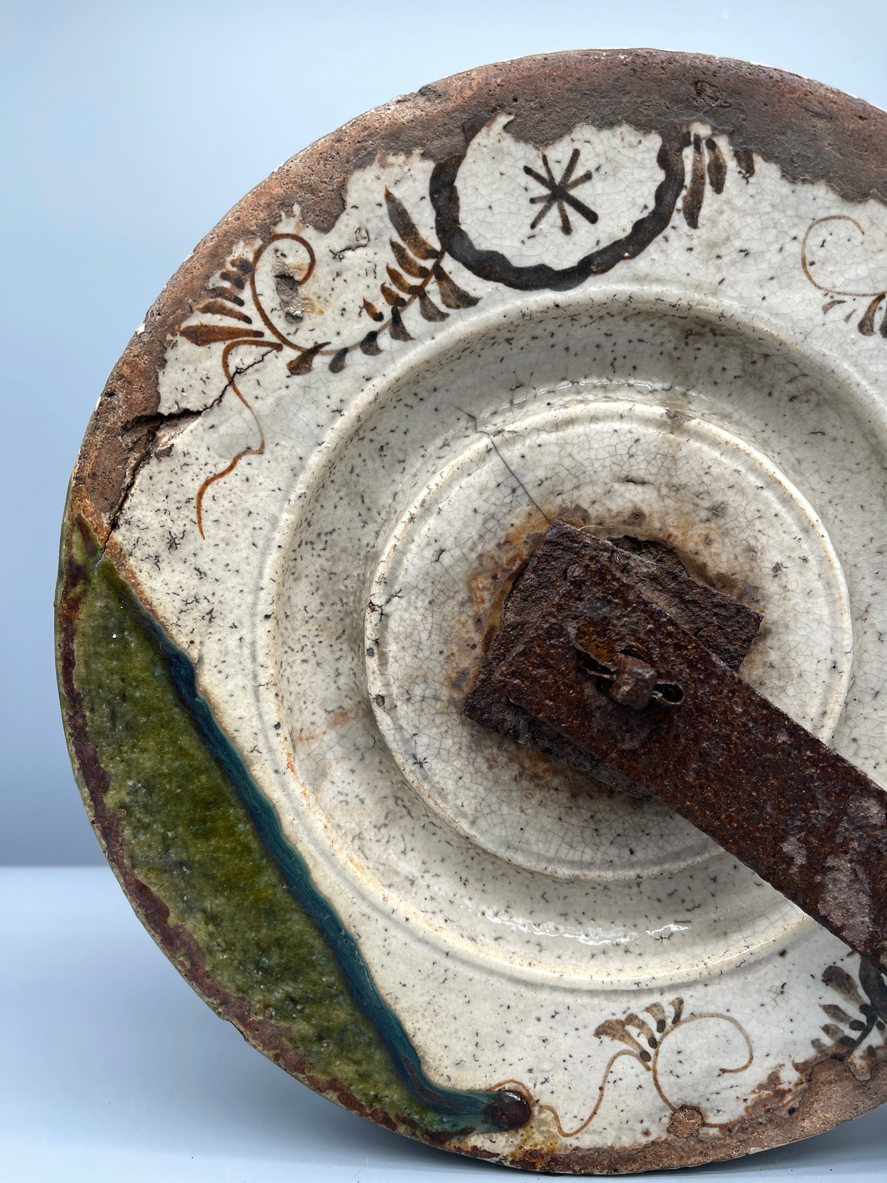 Antique Japanese Oribe Ceramic Well Pulley, Idoguruma