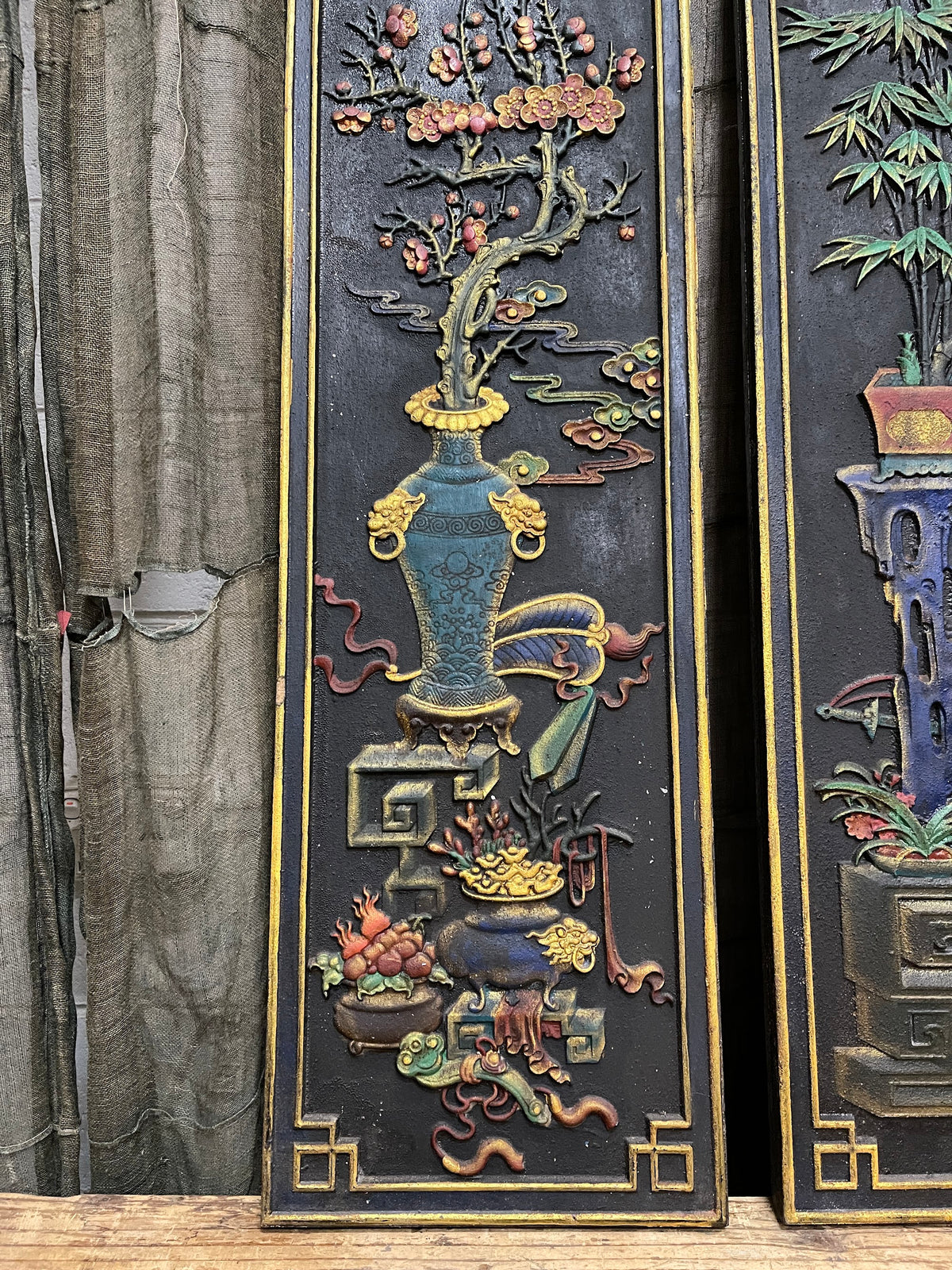 Chinese Black Painted Relief Panels, Set of Four