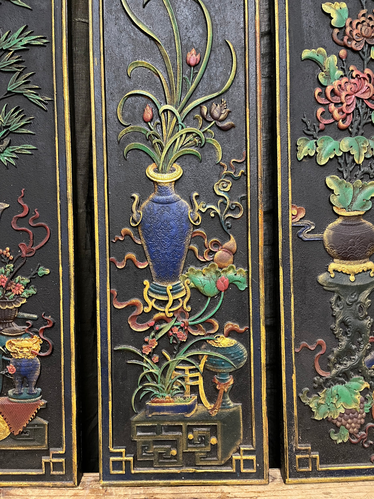 Chinese Black Painted Relief Panels, Set of Four
