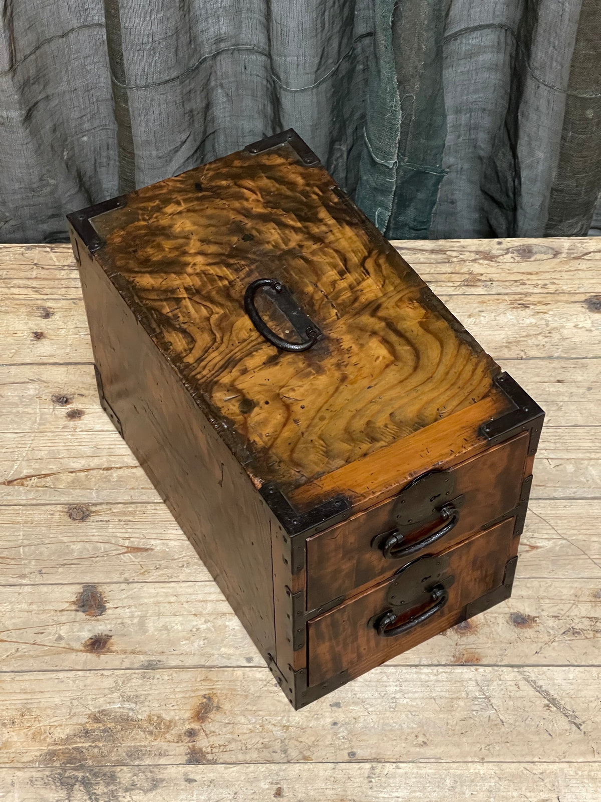 Antique Japanese cedar two drawer document box, Meiji period, view 3