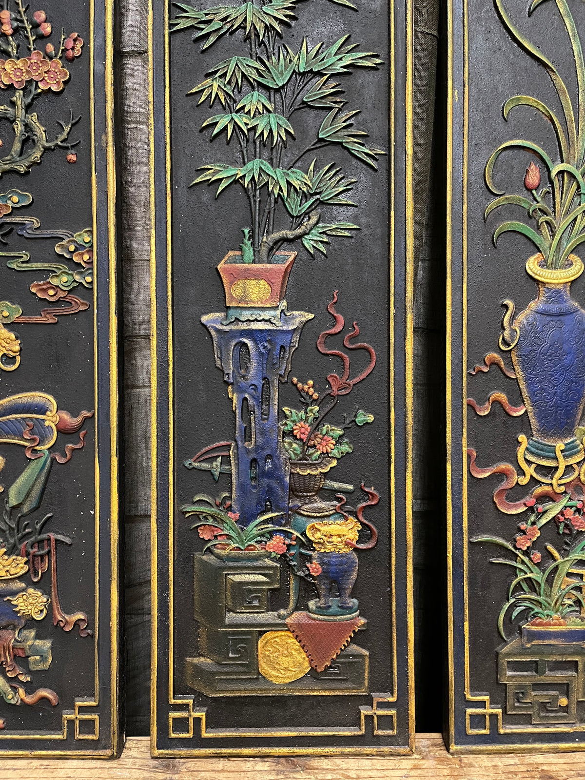 Chinese Black Painted Relief Panels, Set of Four