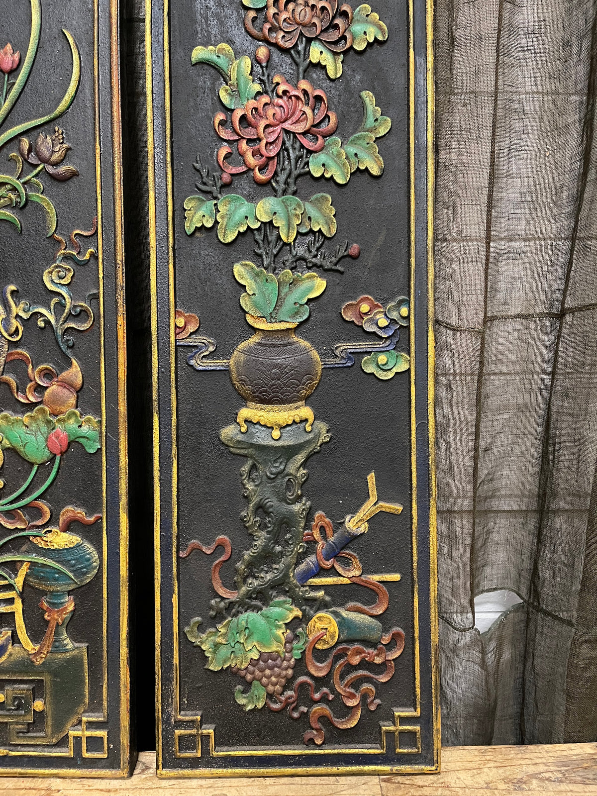 Chinese Black Painted Relief Panels, Set of Four