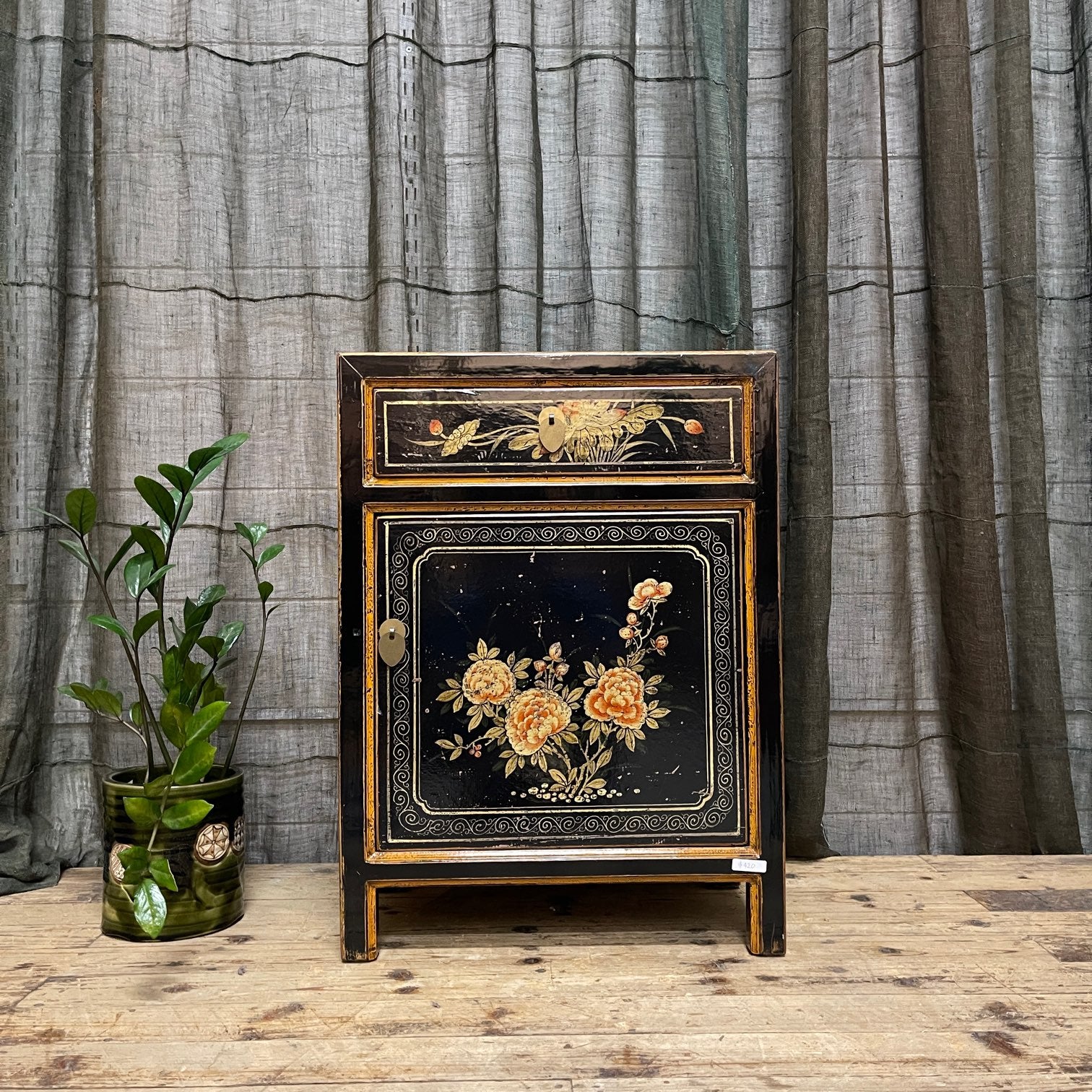 Provincial Style Chinese Black Lacquered Side Cabinet