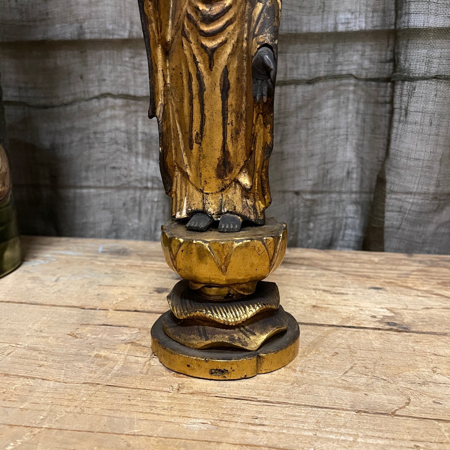 Shaka Nyorai, Antique Japanese Buddha on a Lotus Base - Carved Wood & Gilt | c.1900