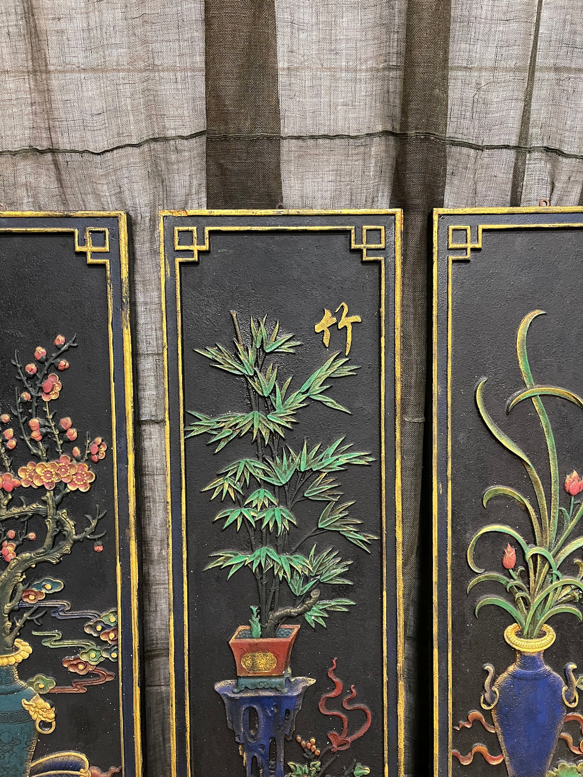 Chinese Black Painted Relief Panels, Set of Four
