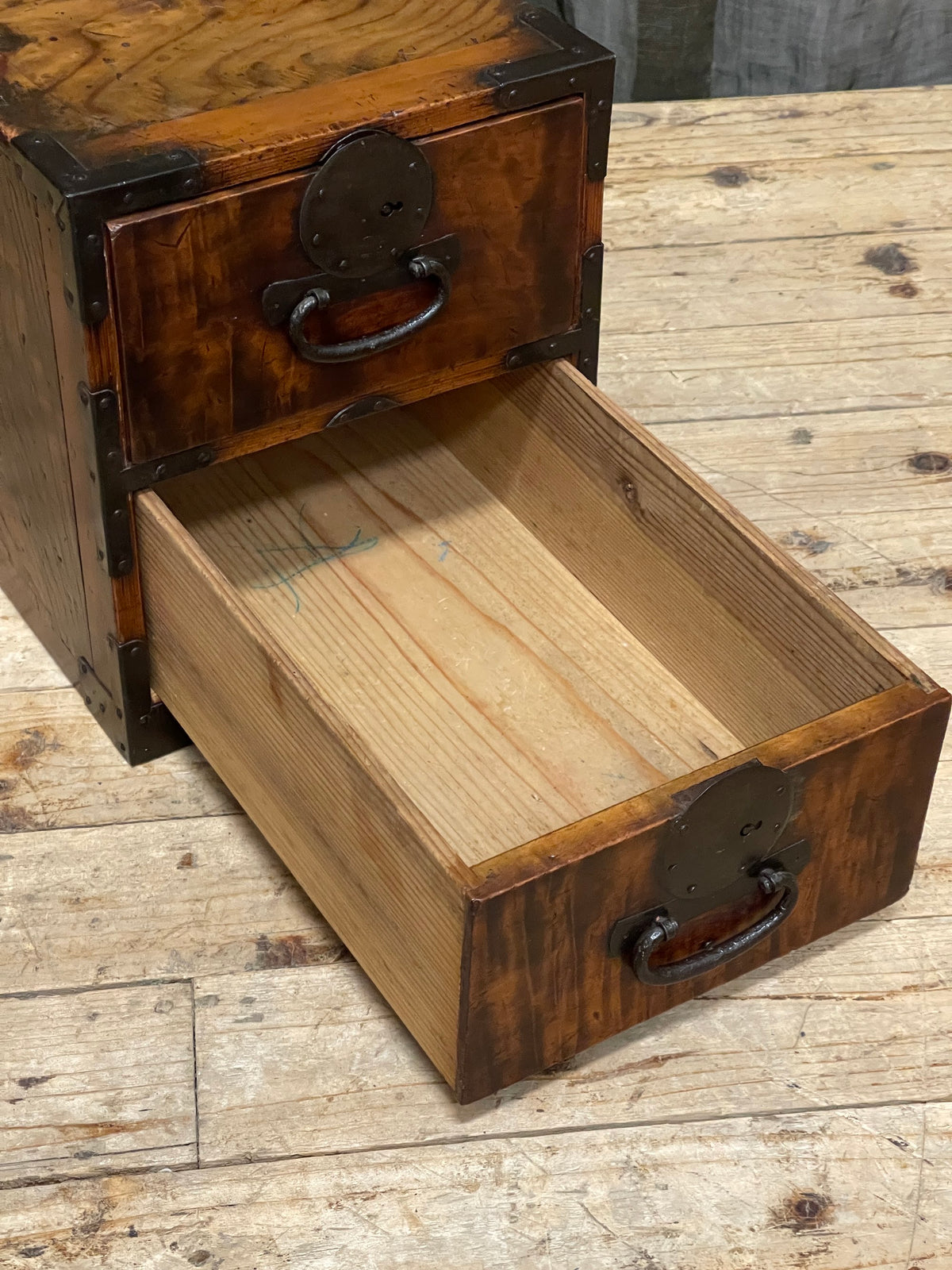 Antique Japanese cedar two drawer document box, Meiji period, view 5