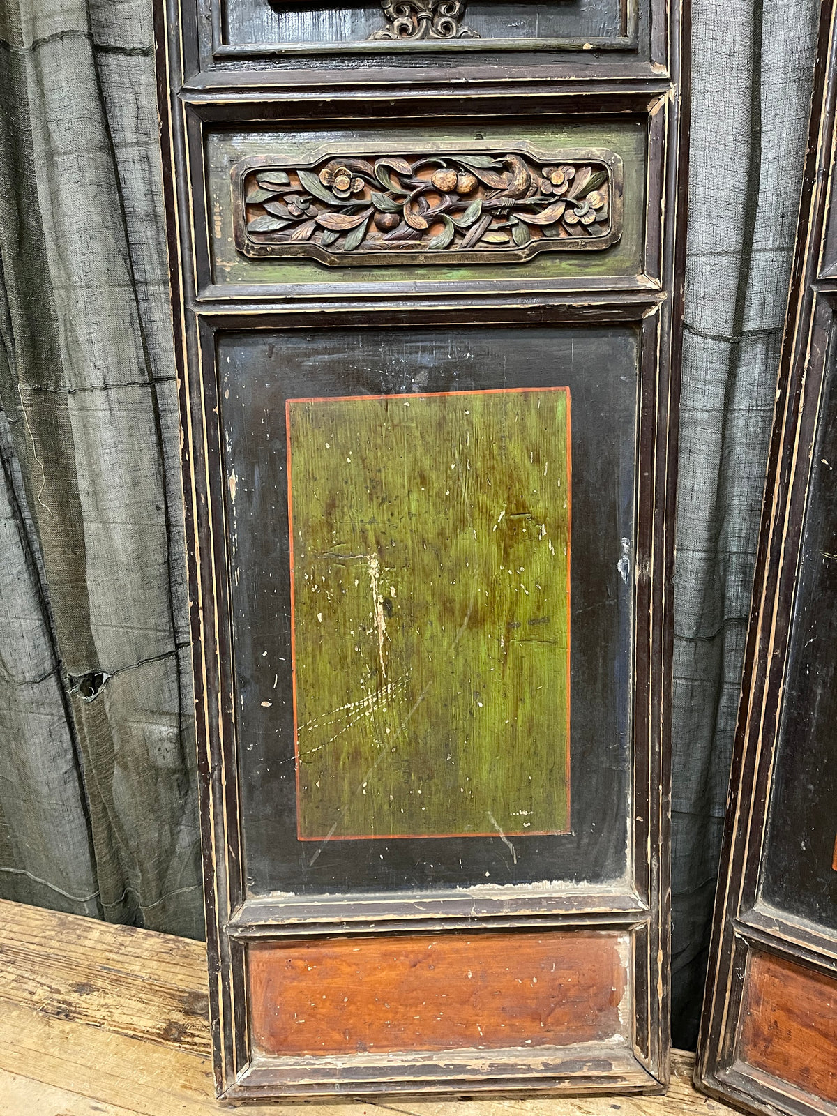 Antique Chinese Green & Yellow Carved Doors, Pair - Late 19th Century