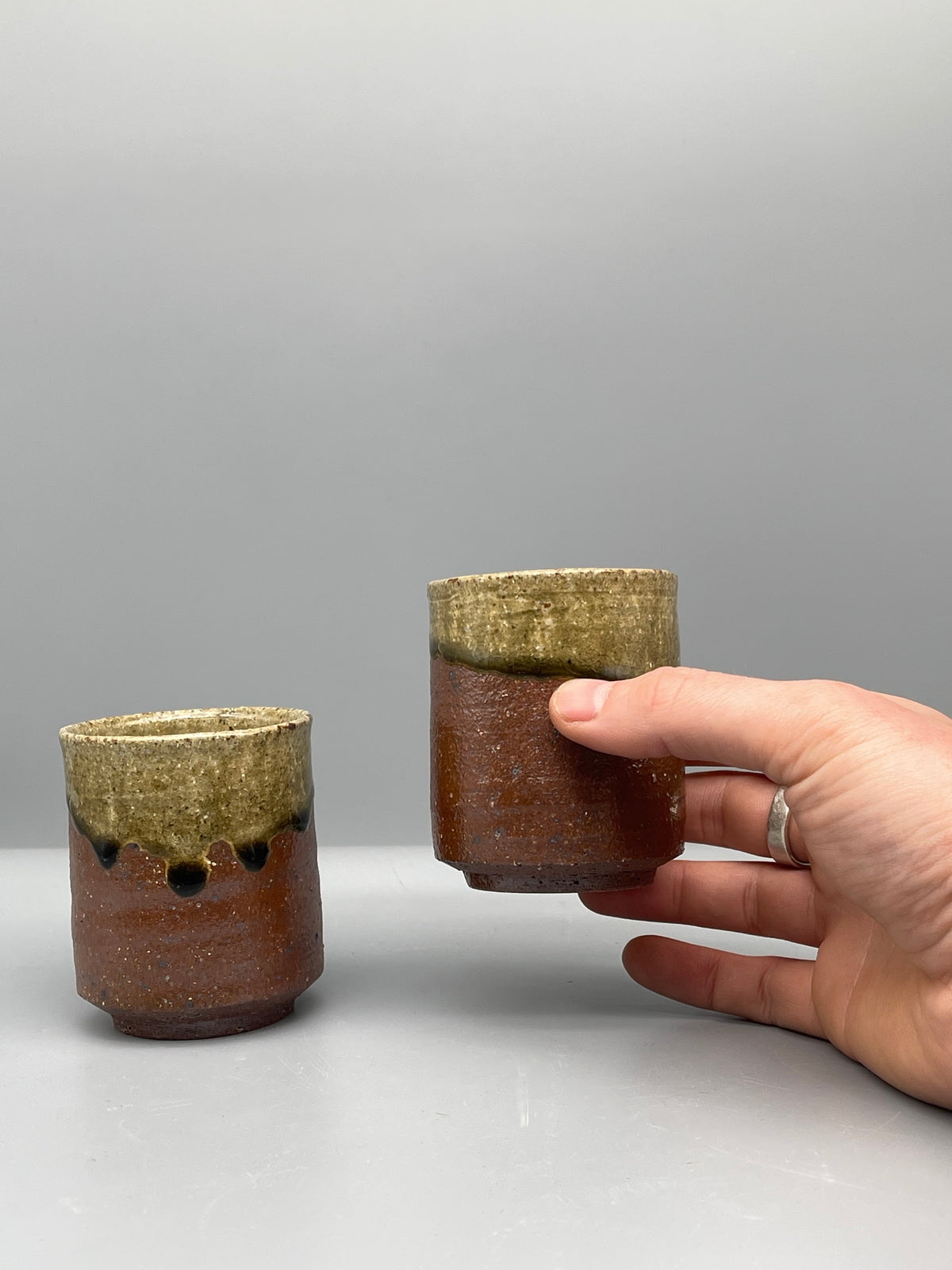 Vintage Japanese Ash Glaze Yunomi, Pair