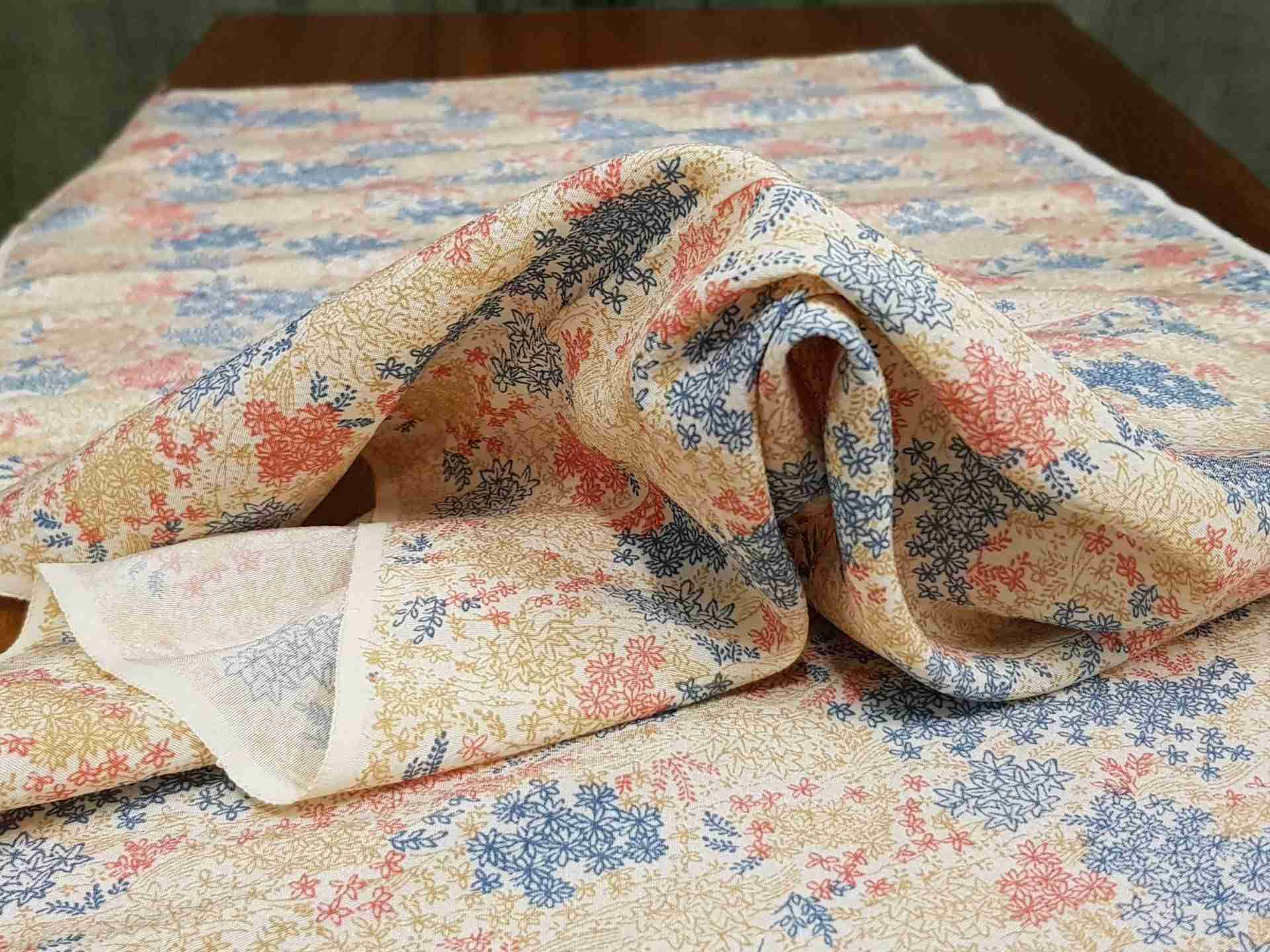 Japanese Silk Fabric, Cream, Red, Blue, Yellow Florals