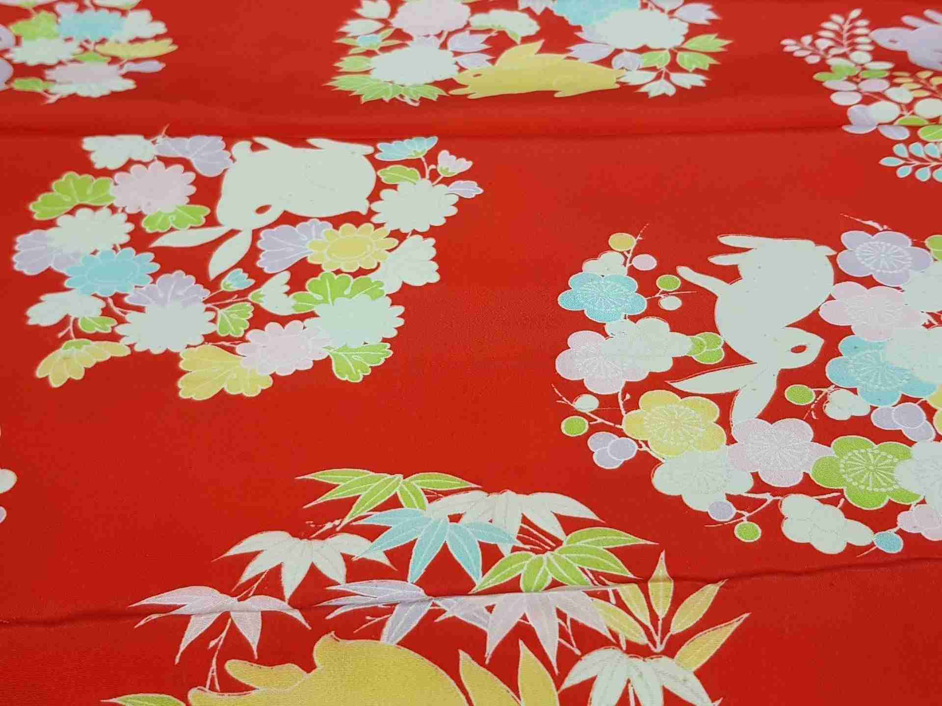 Japanese Silk Fabric, Red with Colourful florals