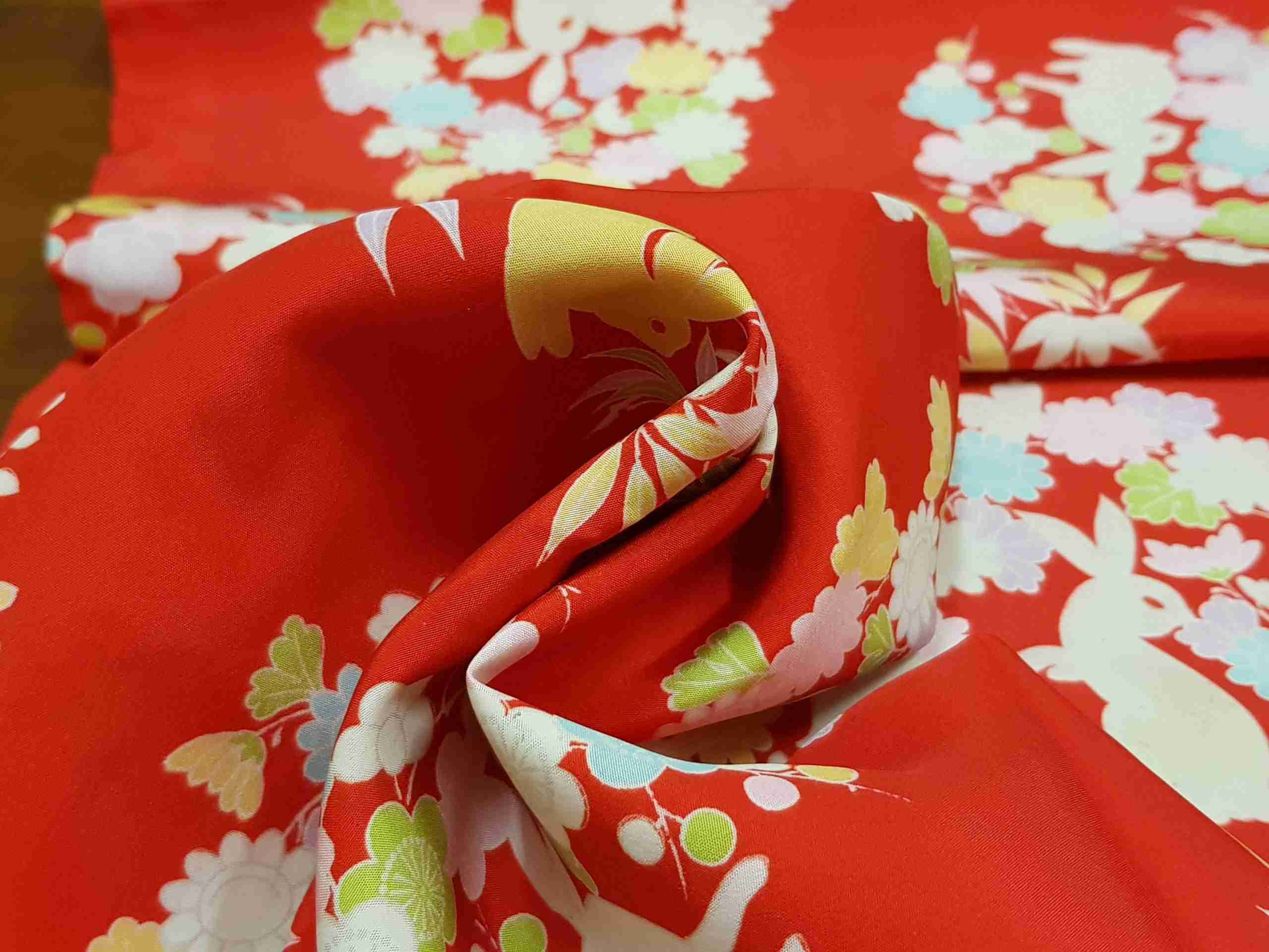 Japanese Silk Fabric, Red with Colourful florals
