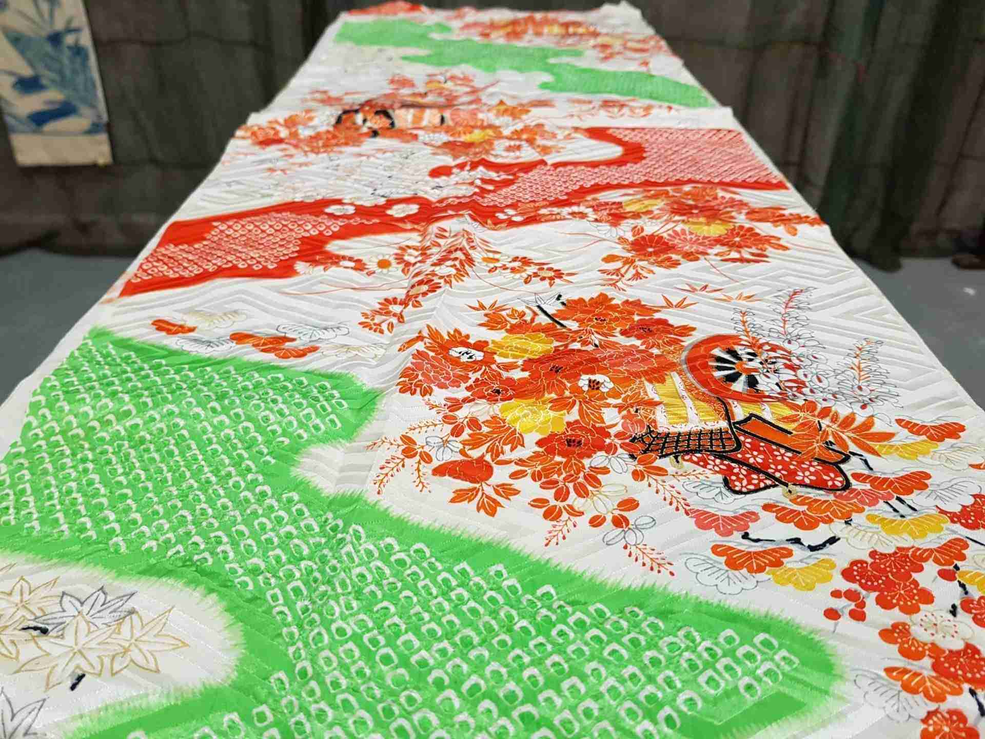 Japanese Silk Fabric, Off-White with Orange Garden Pattern.