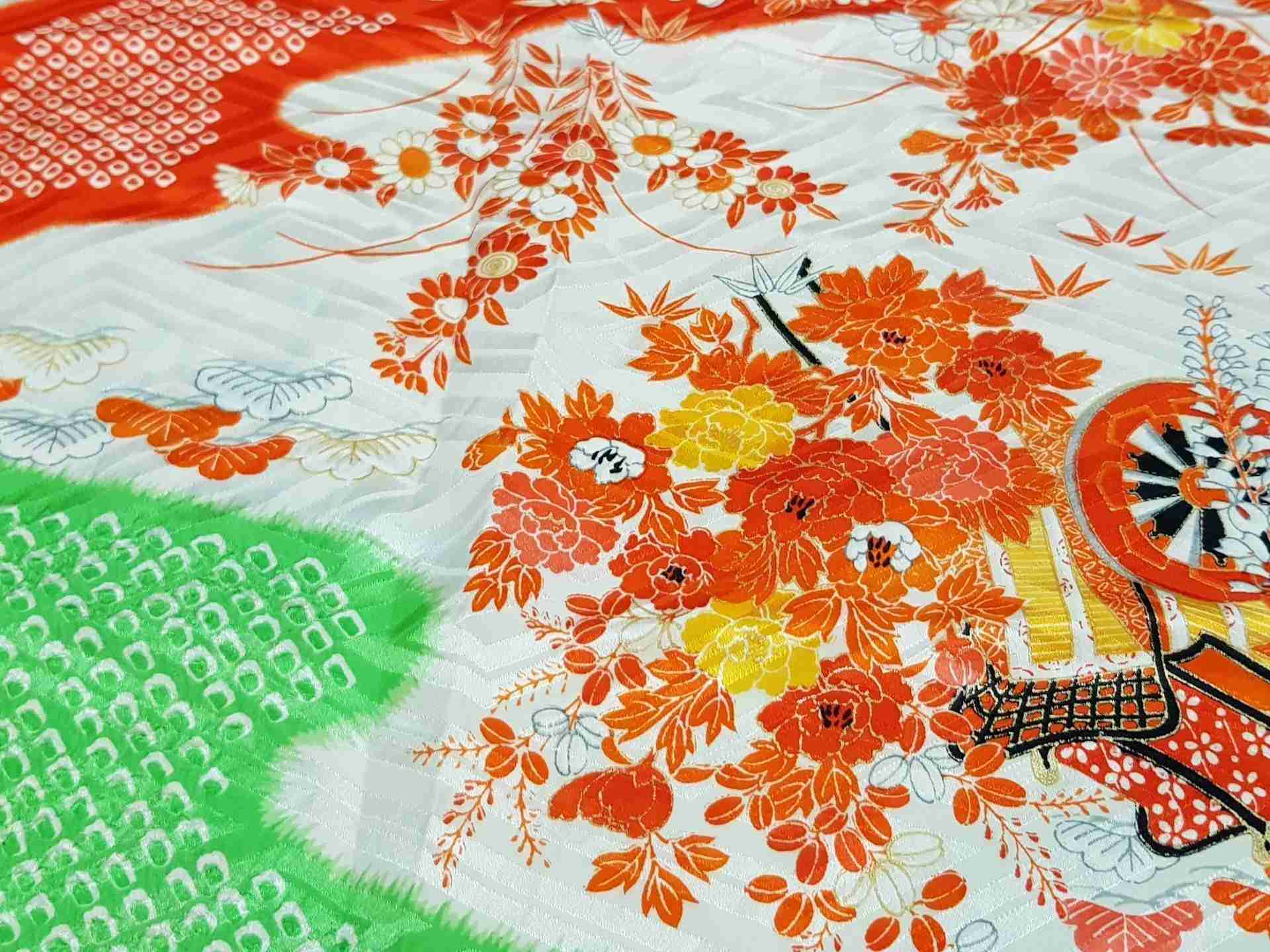 Japanese Silk Fabric, Off-White with Orange Garden Pattern.