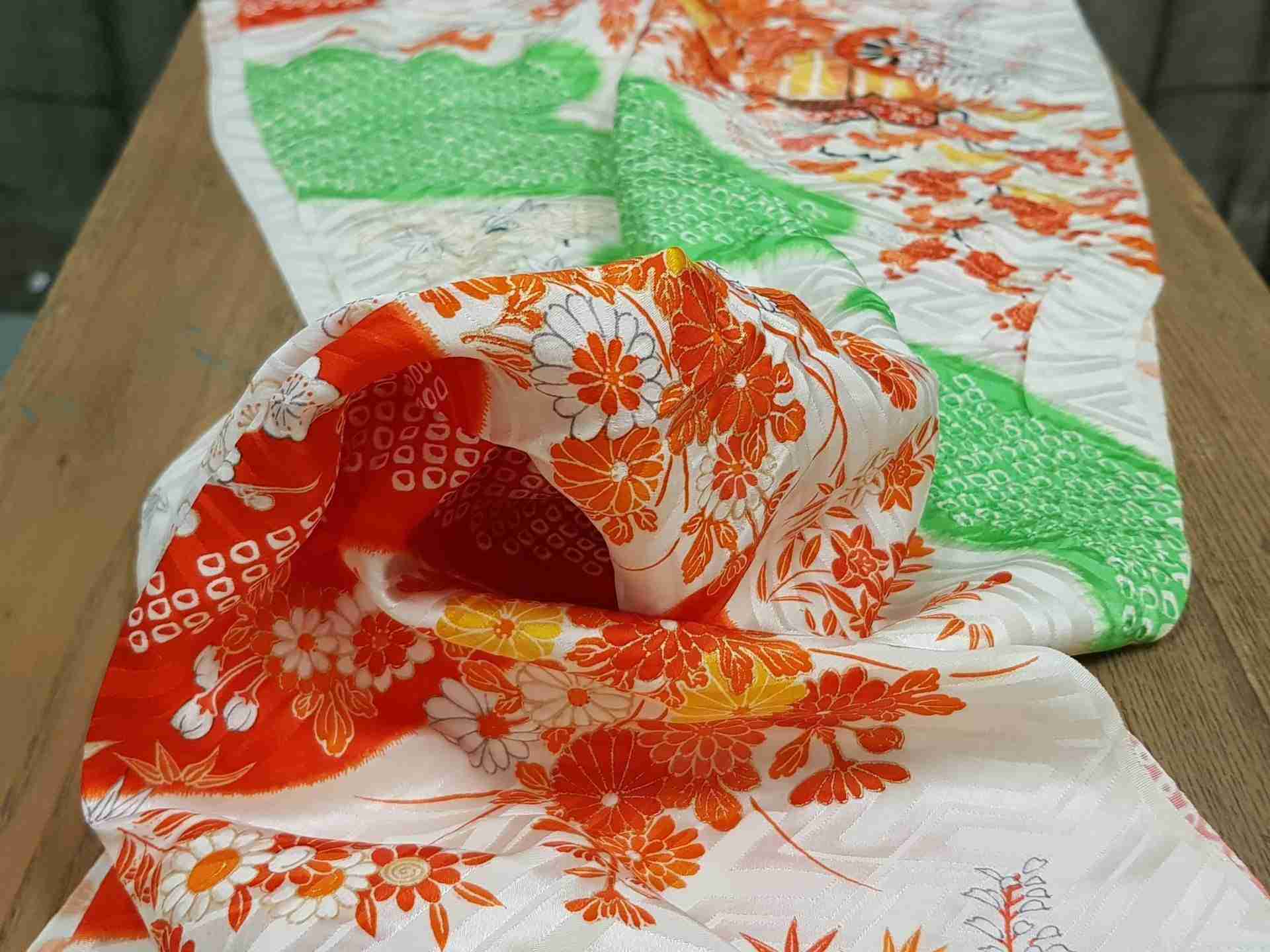Japanese Silk Fabric, Off-White with Orange Garden Pattern.