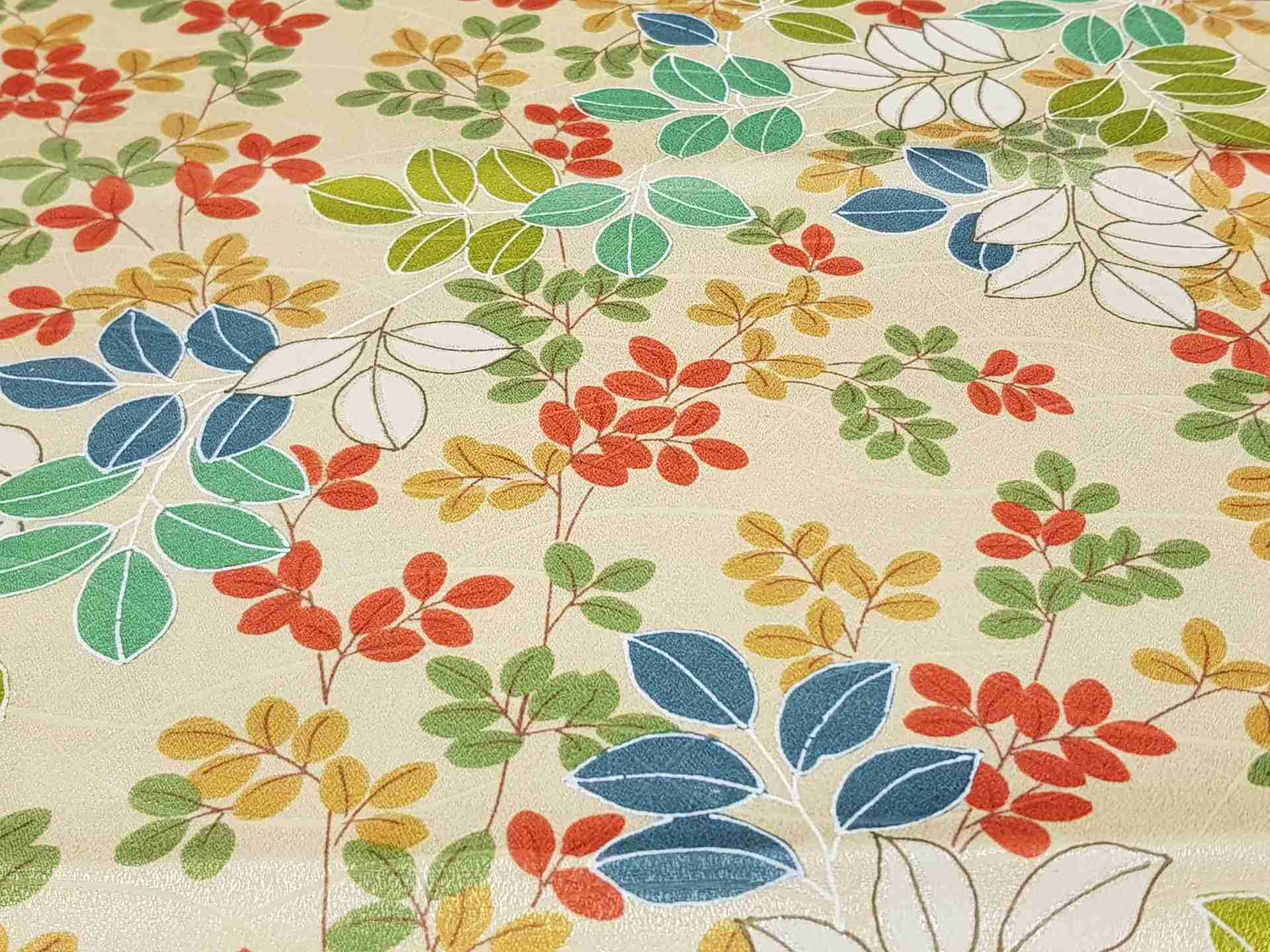 Japanese Silk Fabric, Cream with Colourful Leaves
