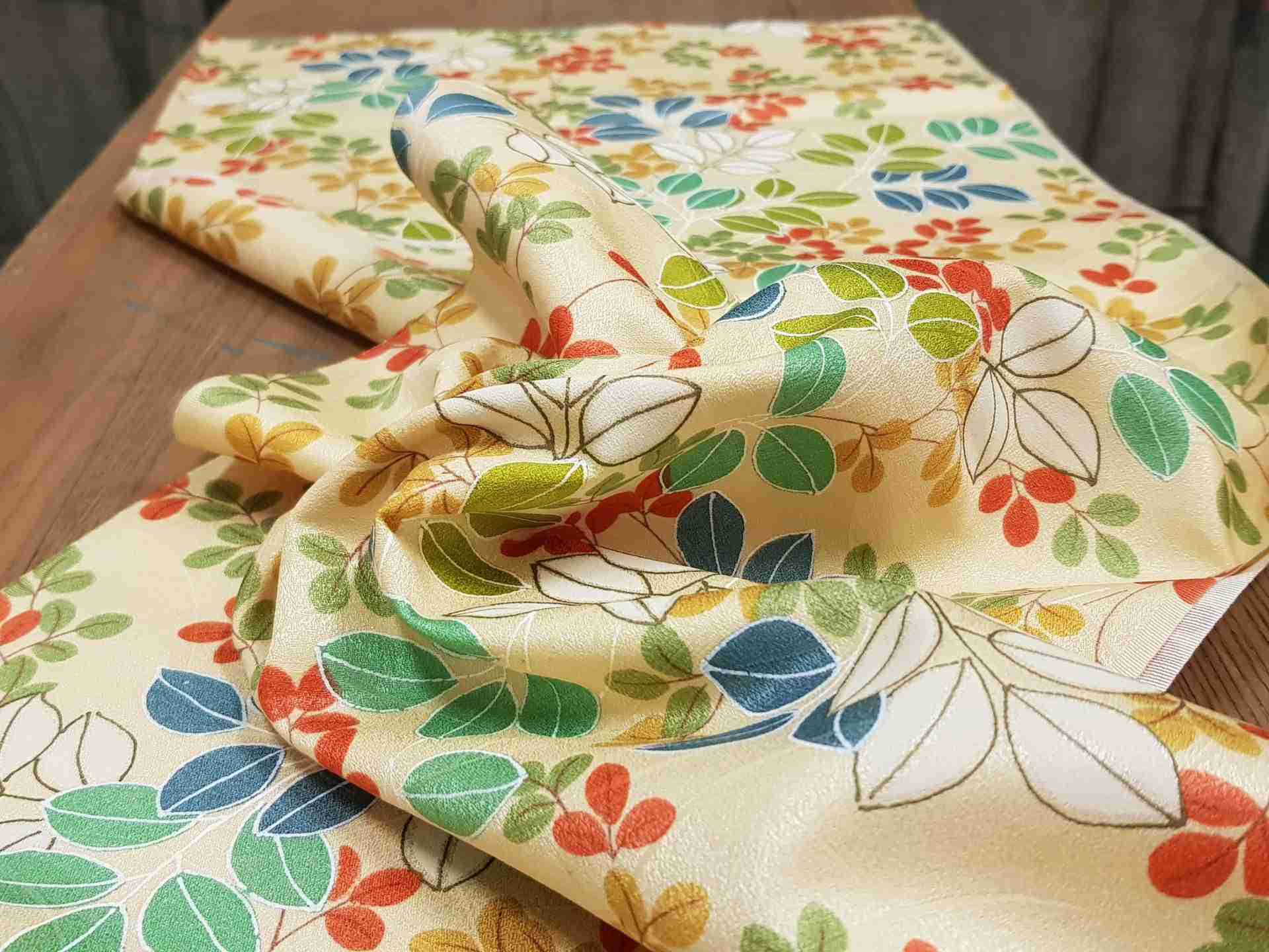 Japanese Silk Fabric, Cream with Colourful Leaves