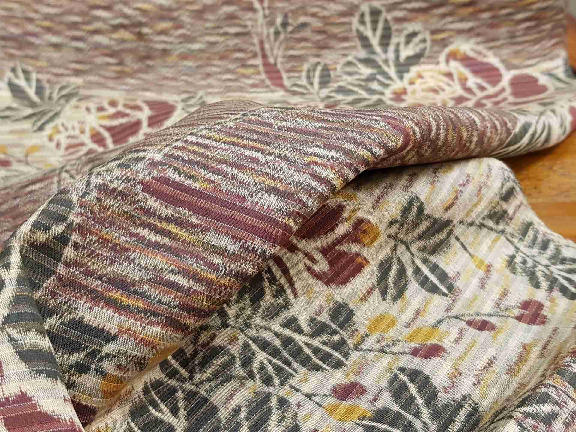 Japanese Silk Fabric, Meisen pattern with Burgundy, Dark Green Floral Pattern