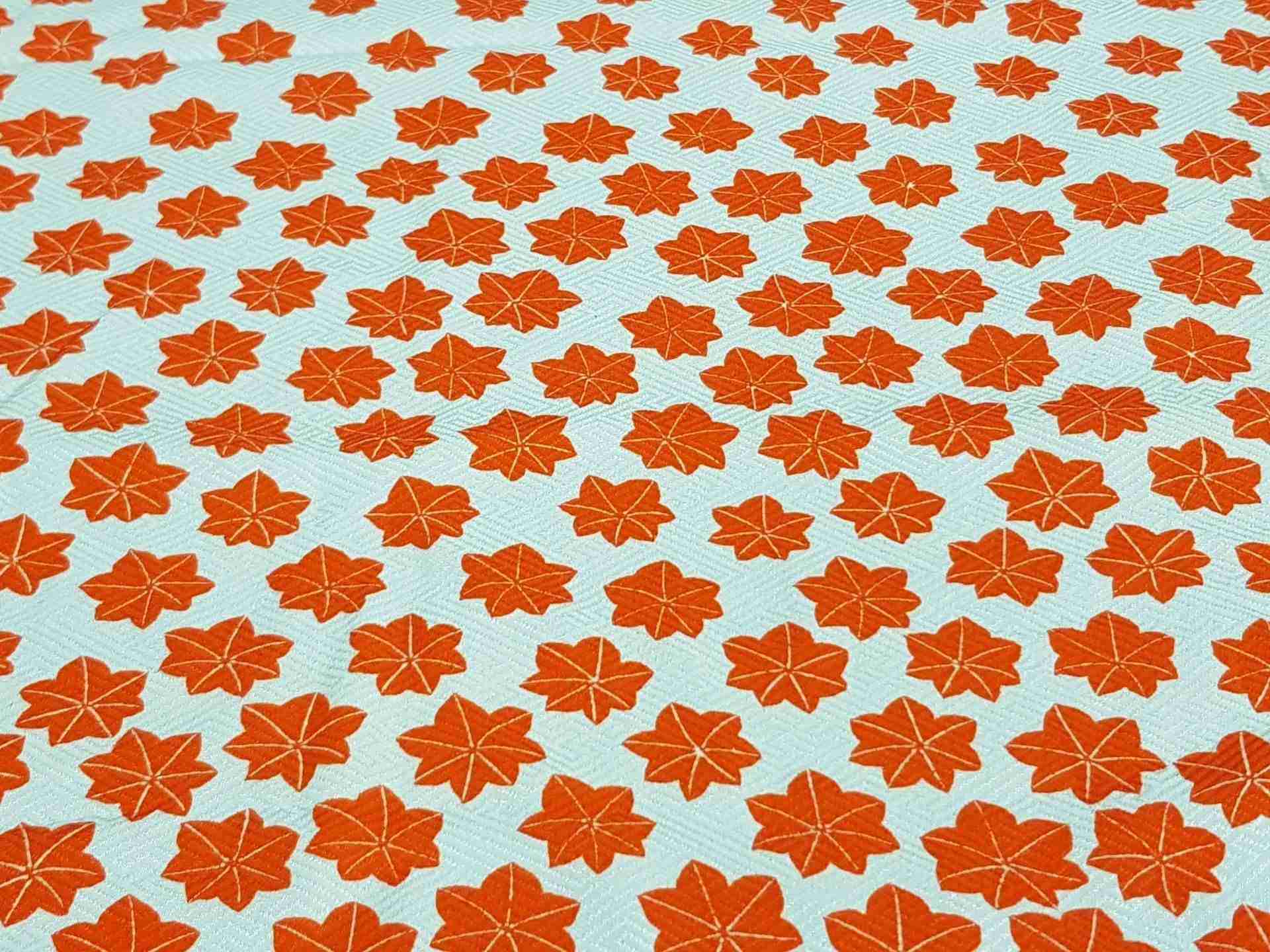 Japanese Silk Fabric, White with Orange Maple Leaf Pattern